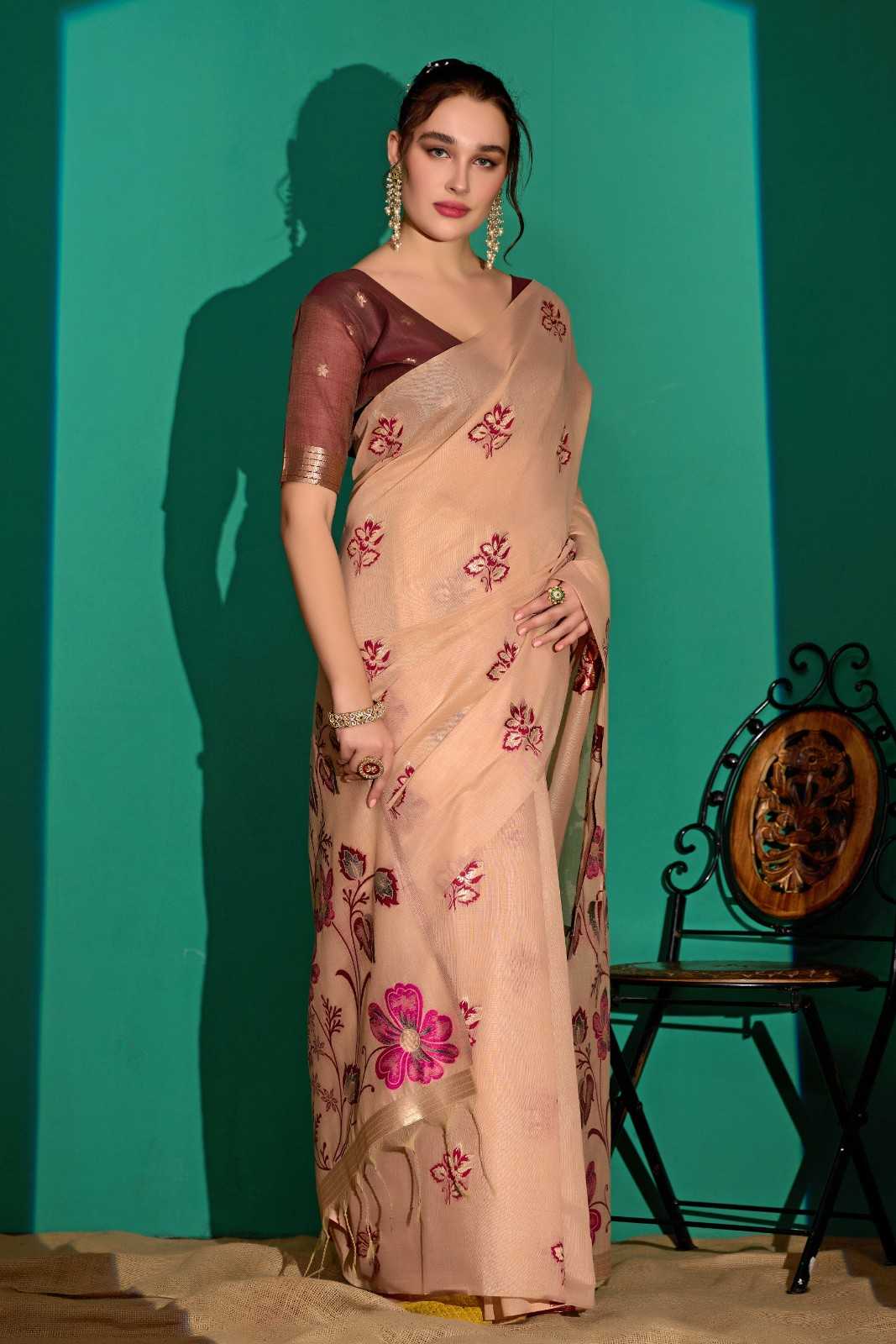 Kathavastra Woven Floral Design Muga Cotton Saree in Peach