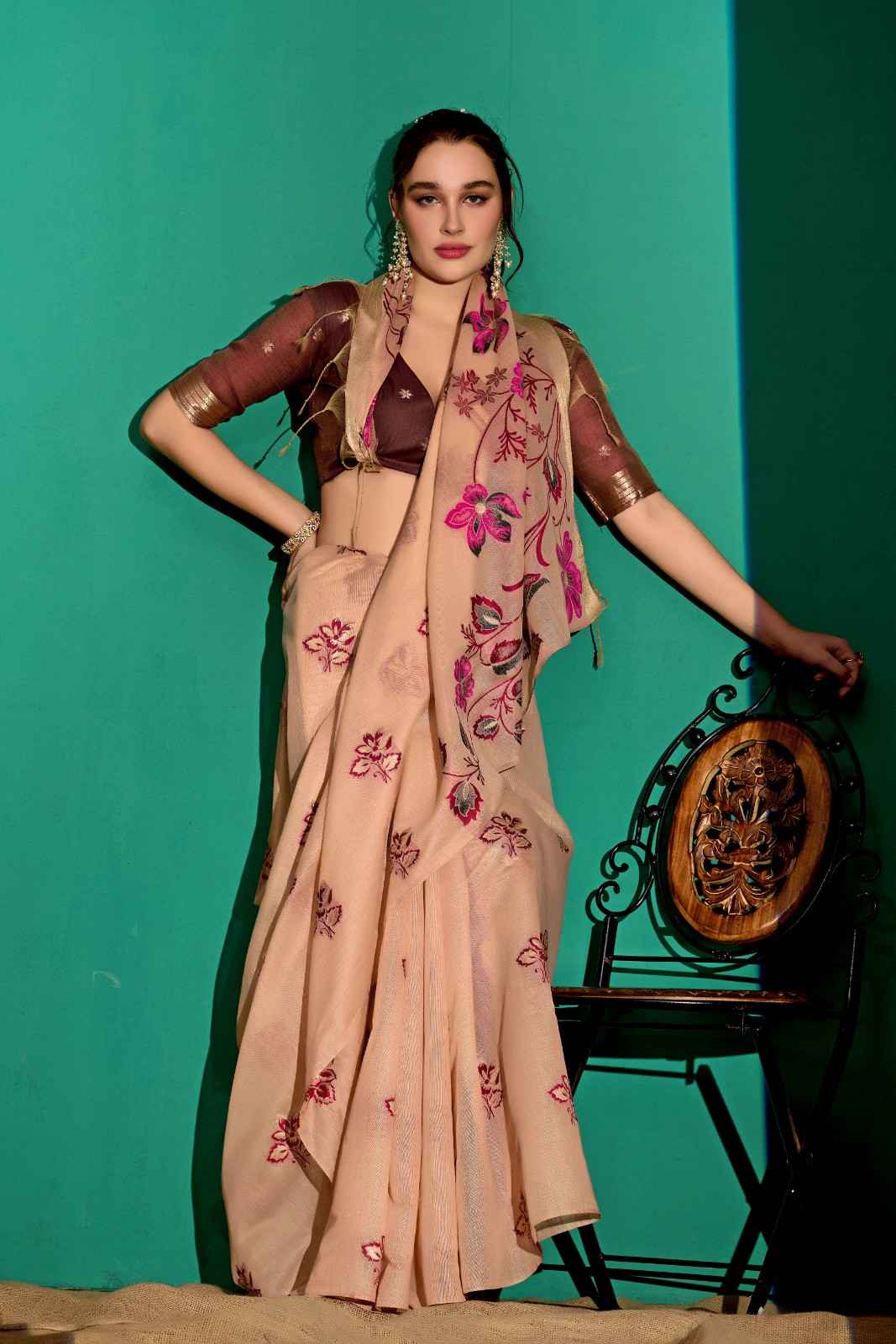 Kathavastra Woven Floral Design Muga Cotton Saree in Peach