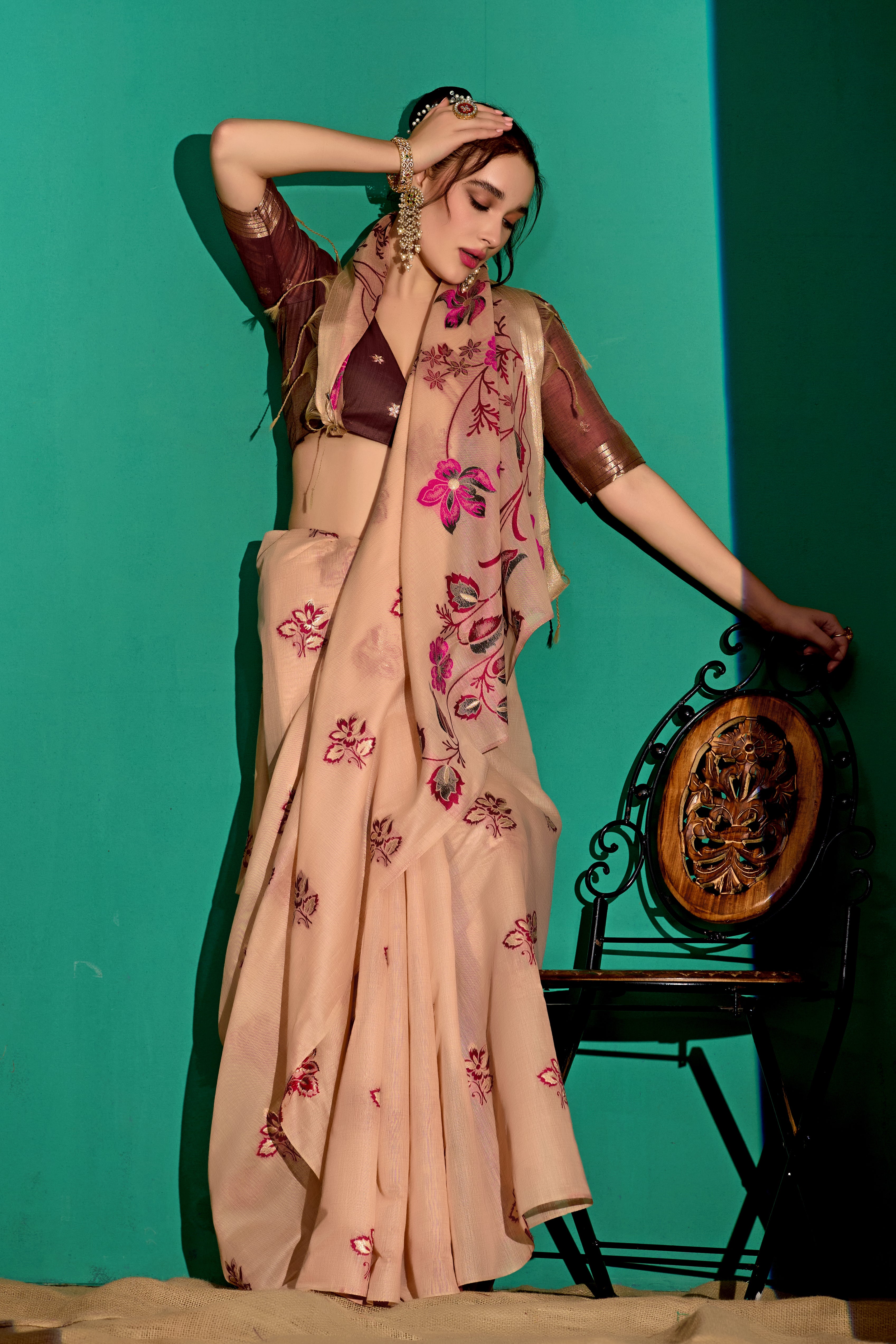 Kathavastra Woven Floral Design Muga Cotton Saree in Peach