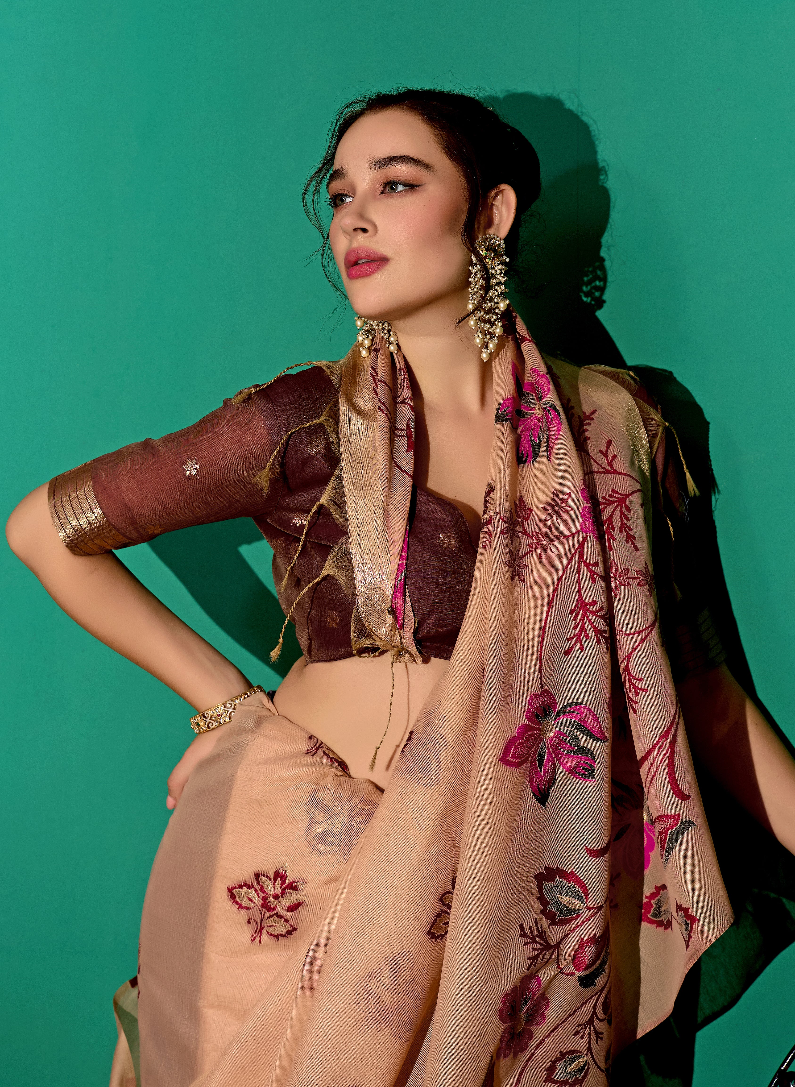 Kathavastra Woven Floral Design Muga Cotton Saree in Peach