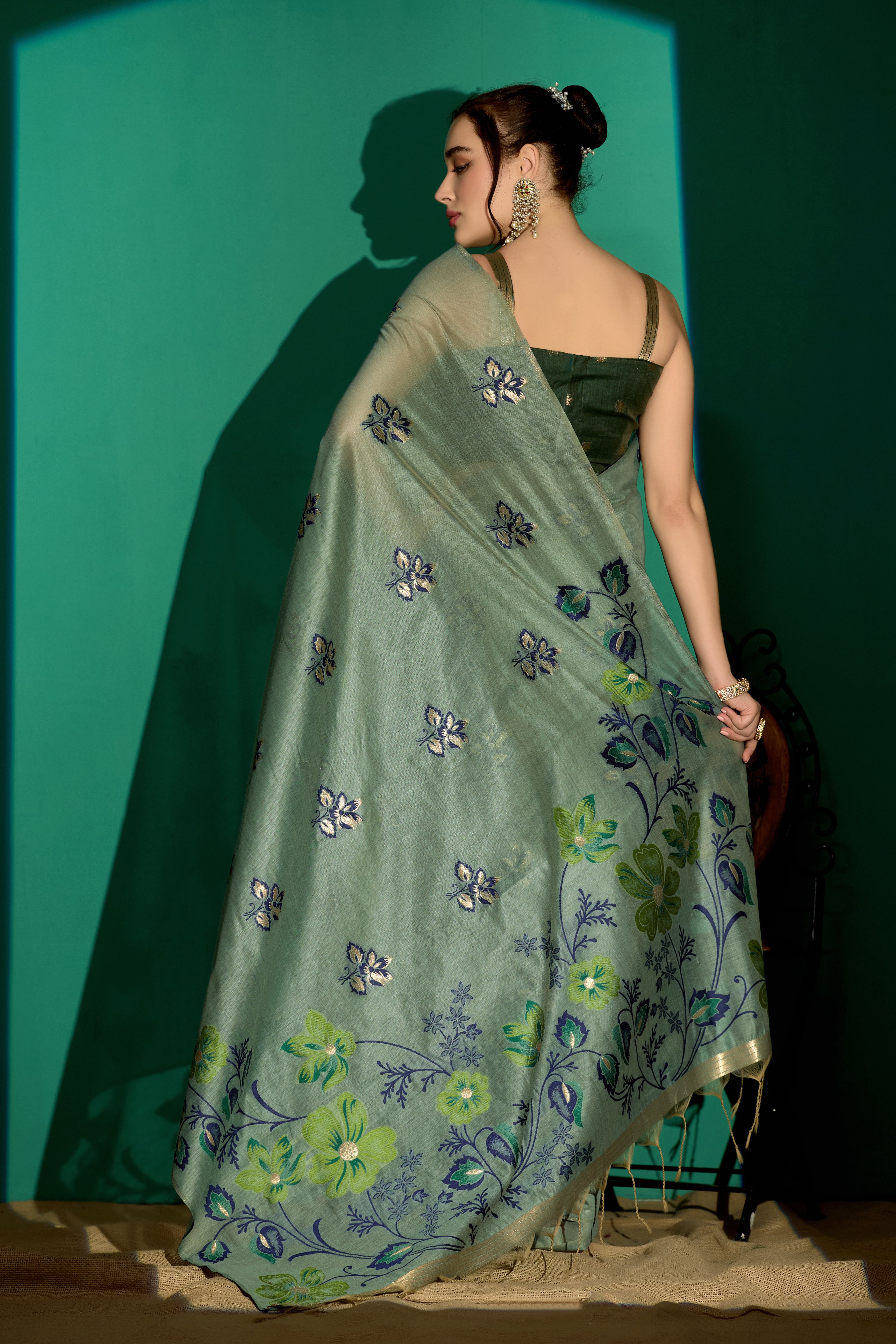 Kathavastra Woven Floral Design Muga Cotton Saree in Green
