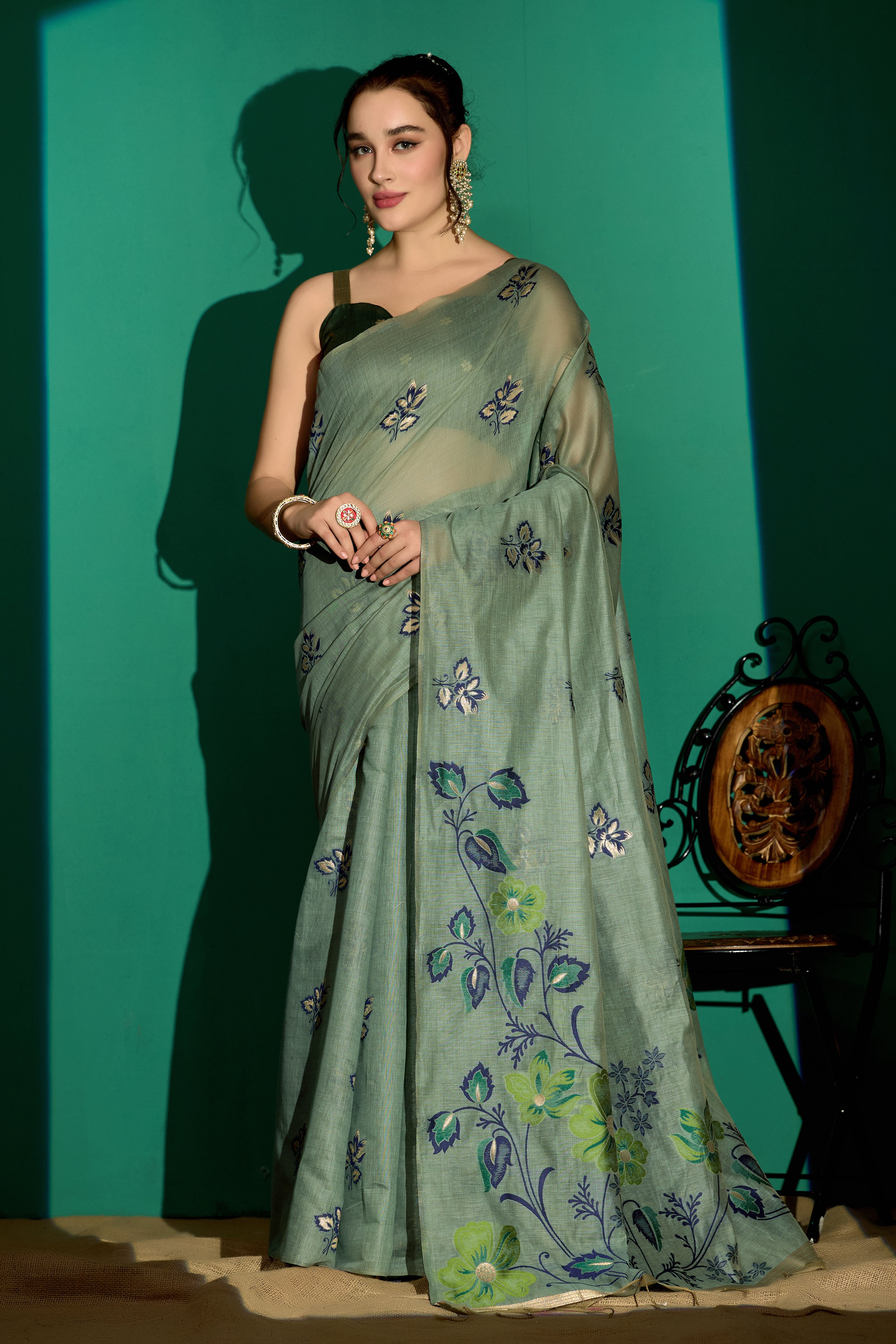 Kathavastra Woven Floral Design Muga Cotton Saree in Green