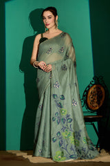 Kathavastra Woven Floral Design Muga Cotton Saree in Green
