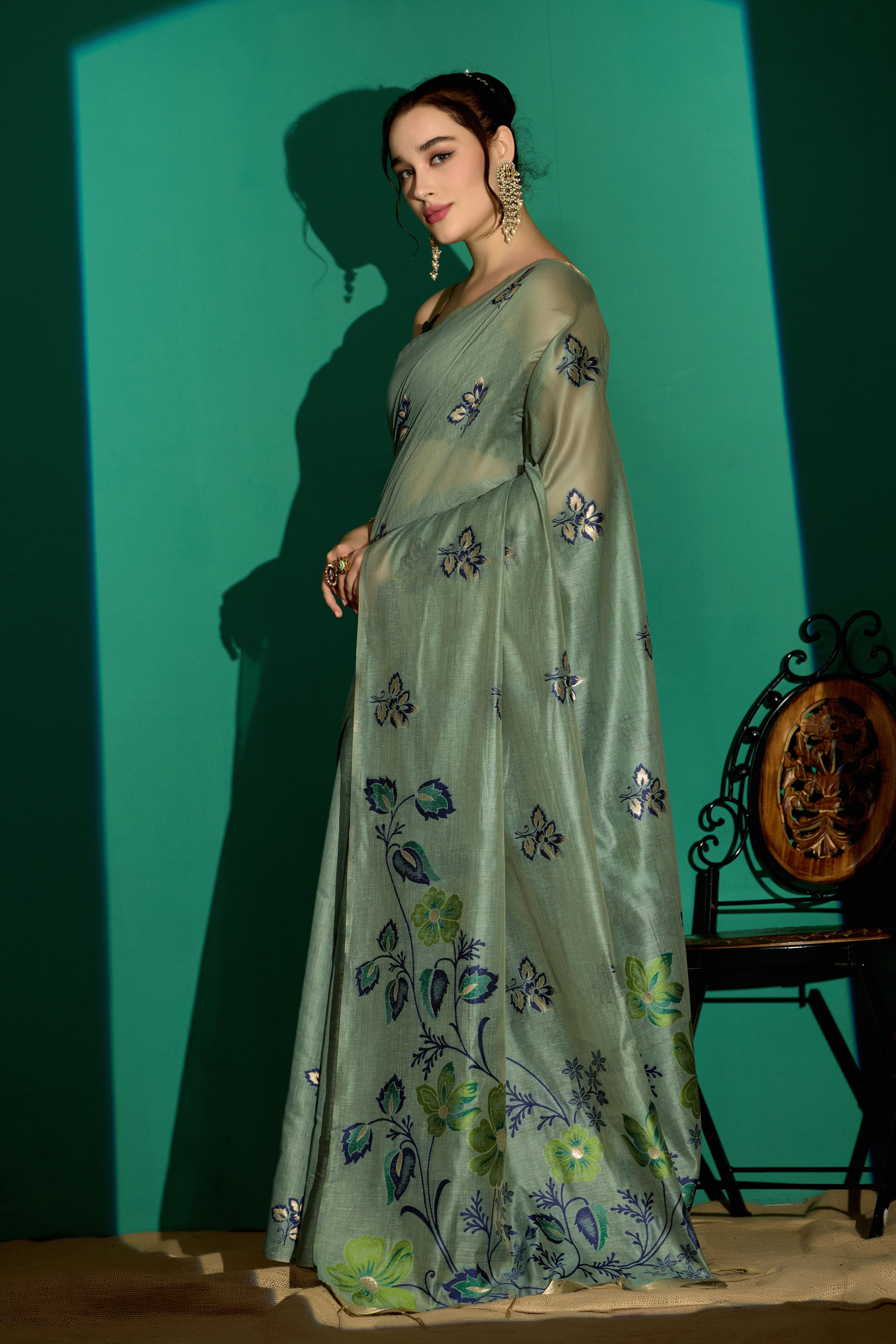 Kathavastra Woven Floral Design Muga Cotton Saree in Green