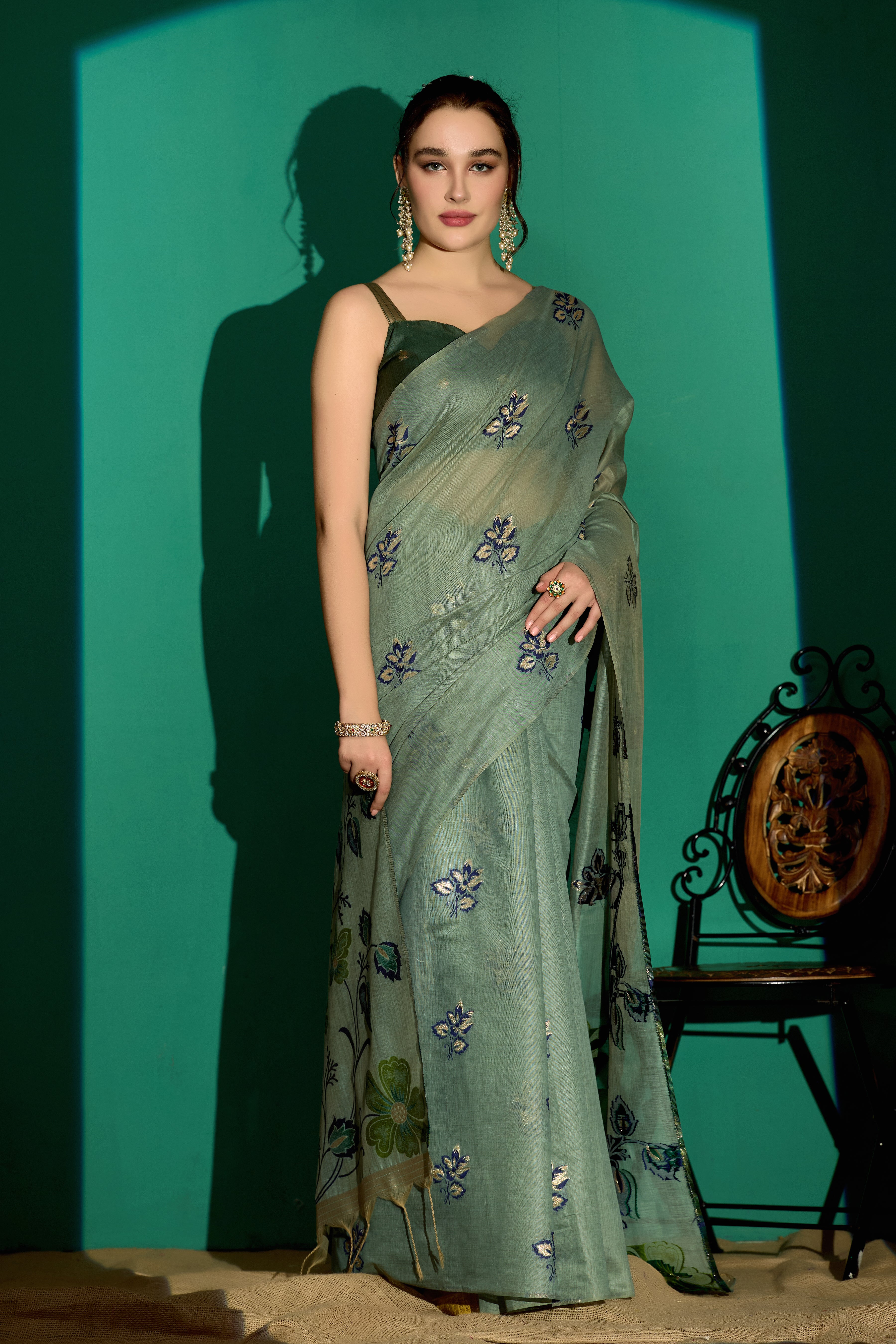 Kathavastra Woven Floral Design Muga Cotton Saree in Green