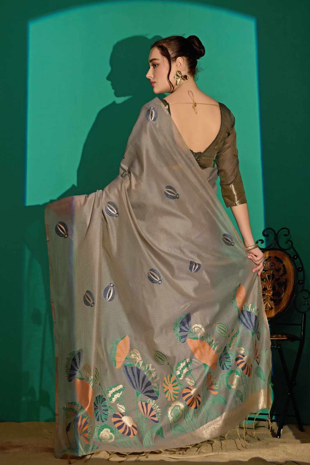 Lotus Bloom Woven Muga Cotton Saree in Gray