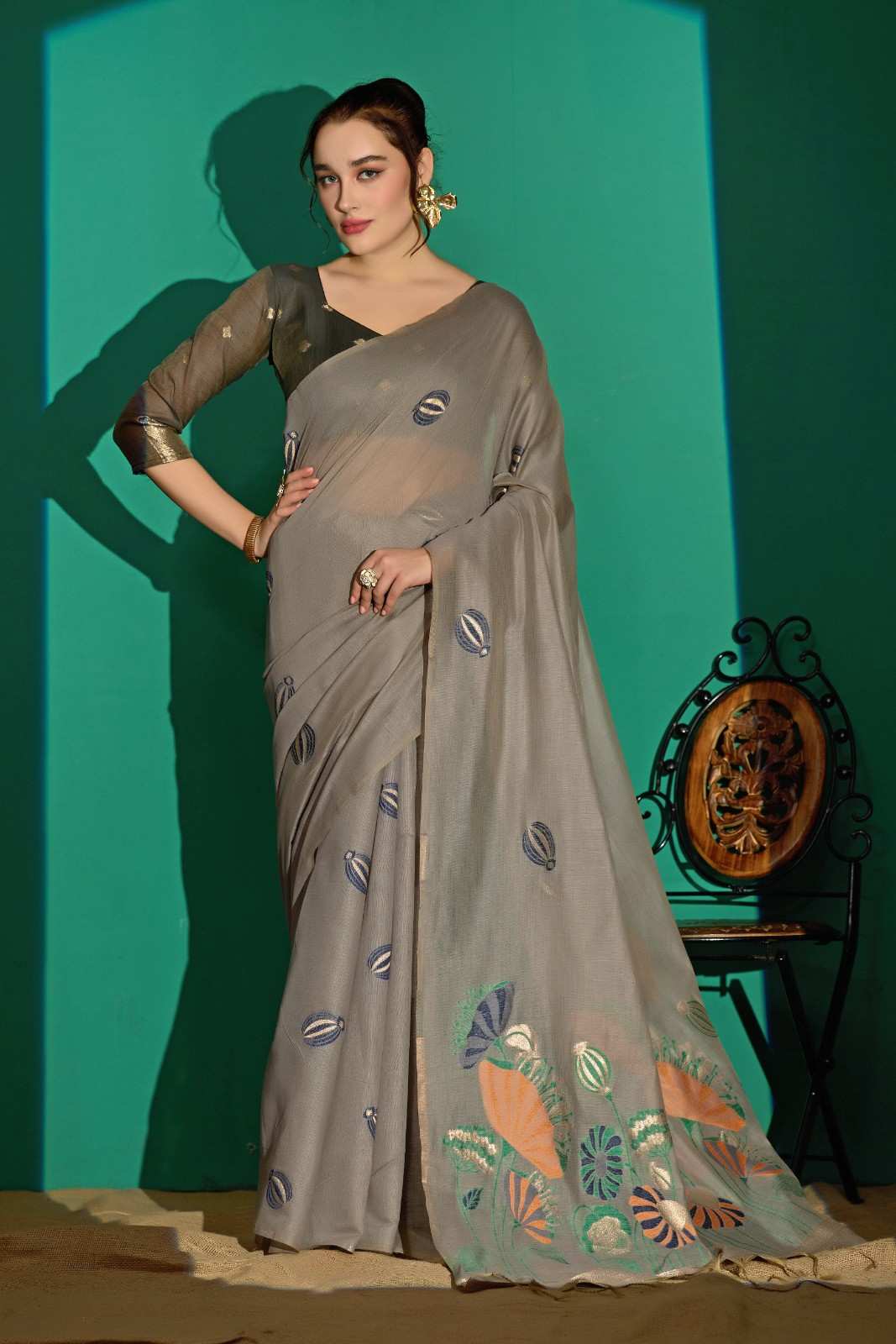 Lotus Bloom Woven Muga Cotton Saree in Gray