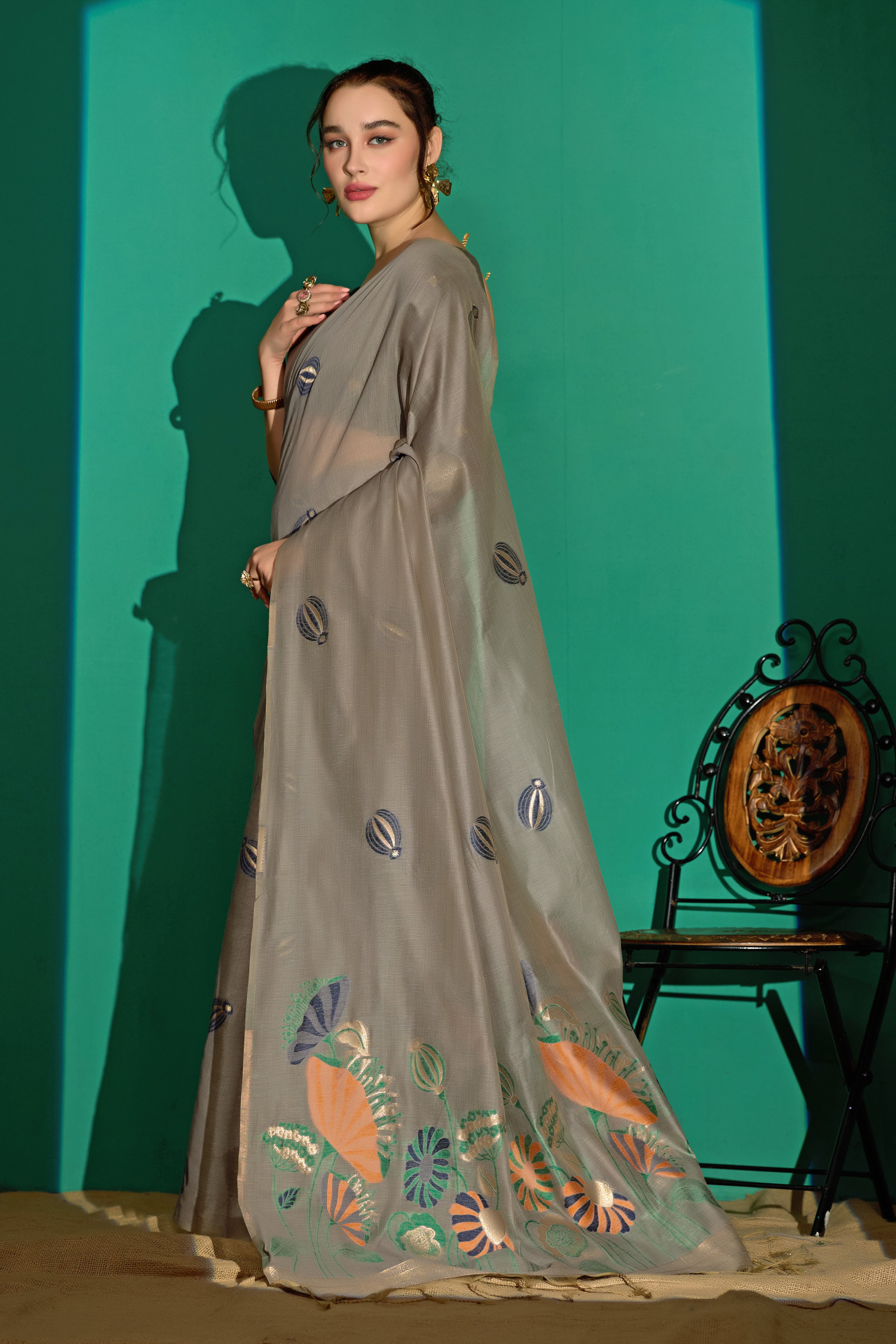 Lotus Bloom Woven Muga Cotton Saree in Gray