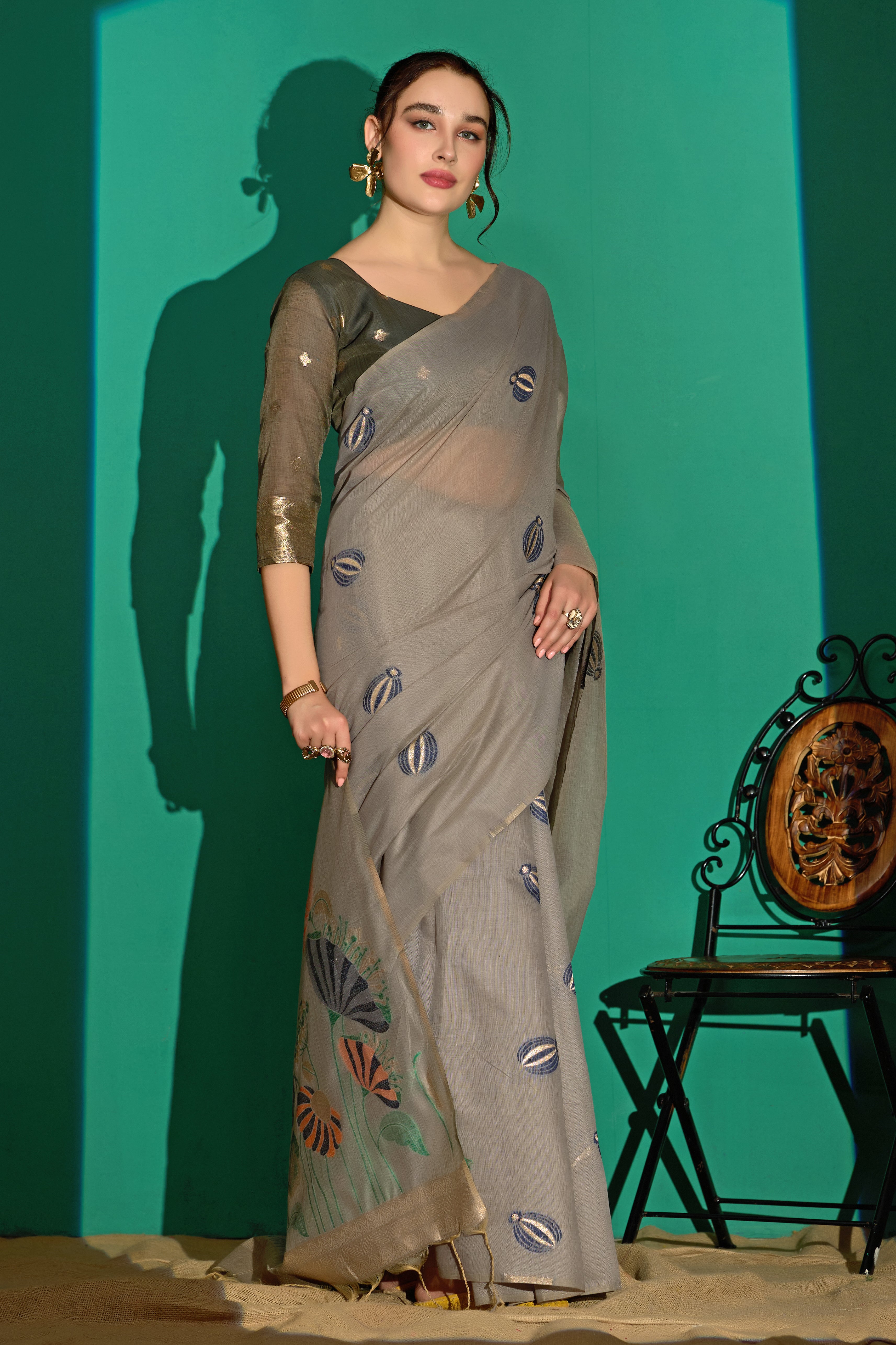 Lotus Bloom Woven Muga Cotton Saree in Gray