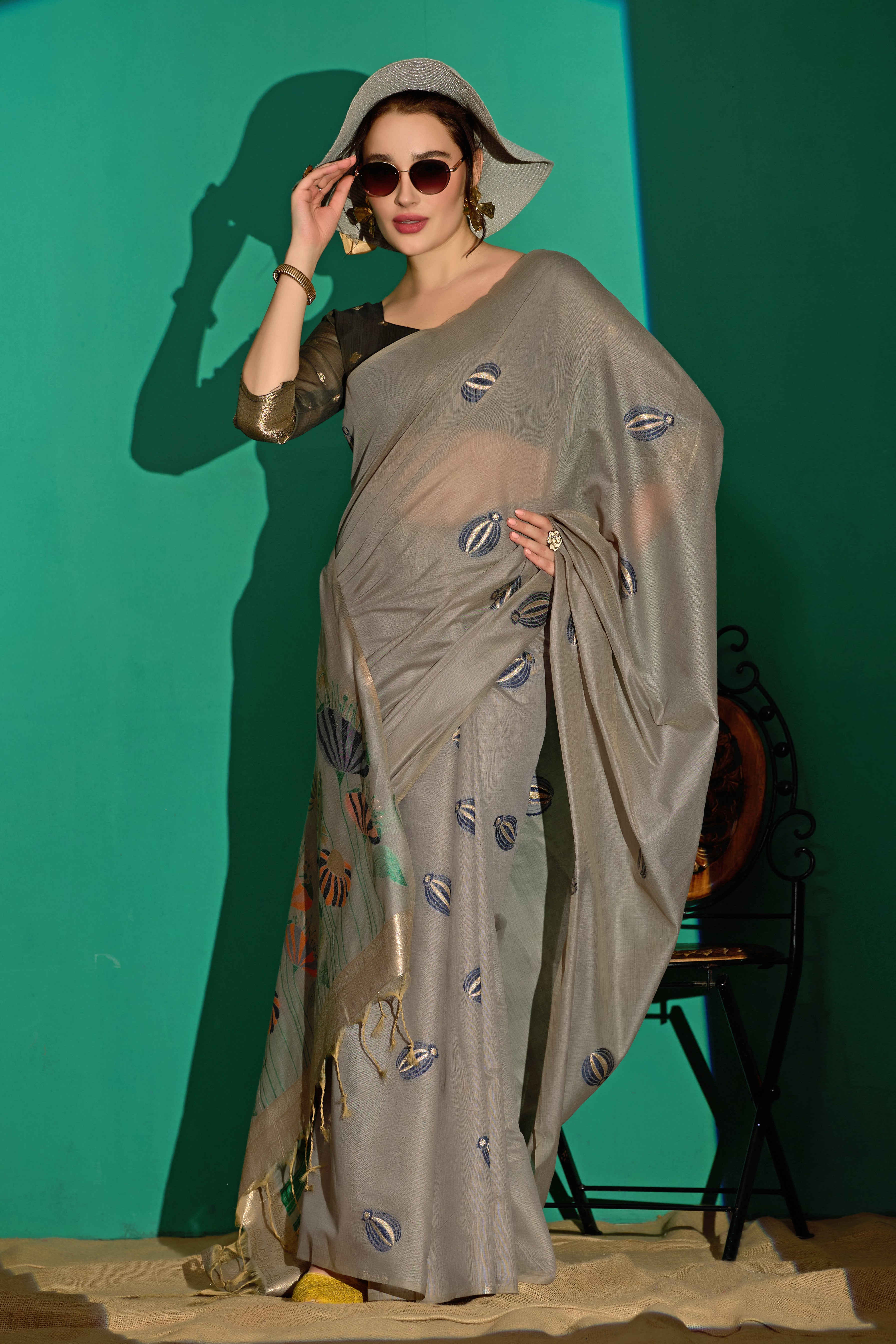 Lotus Bloom Woven Muga Cotton Saree in Gray