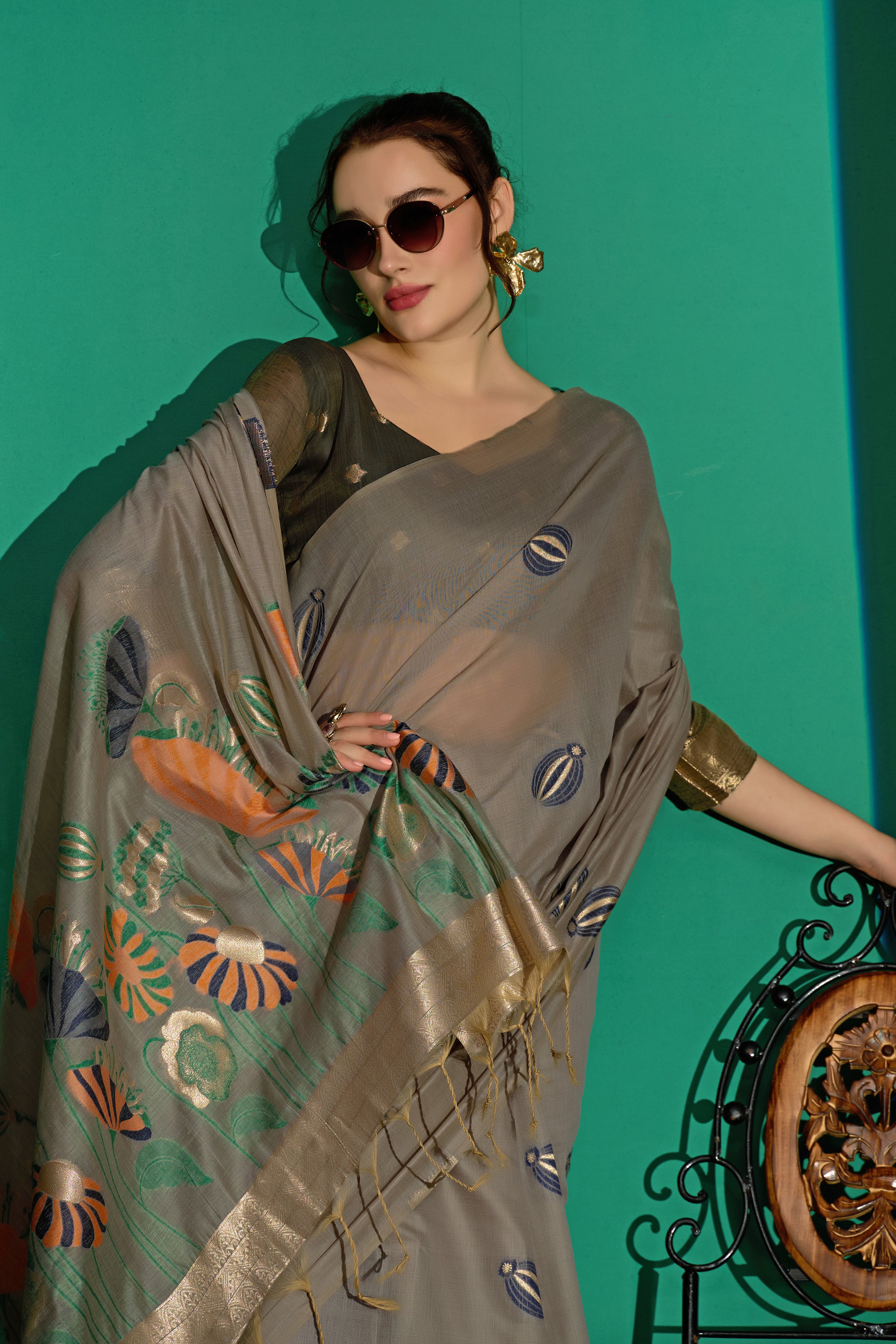 Lotus Bloom Woven Muga Cotton Saree in Gray
