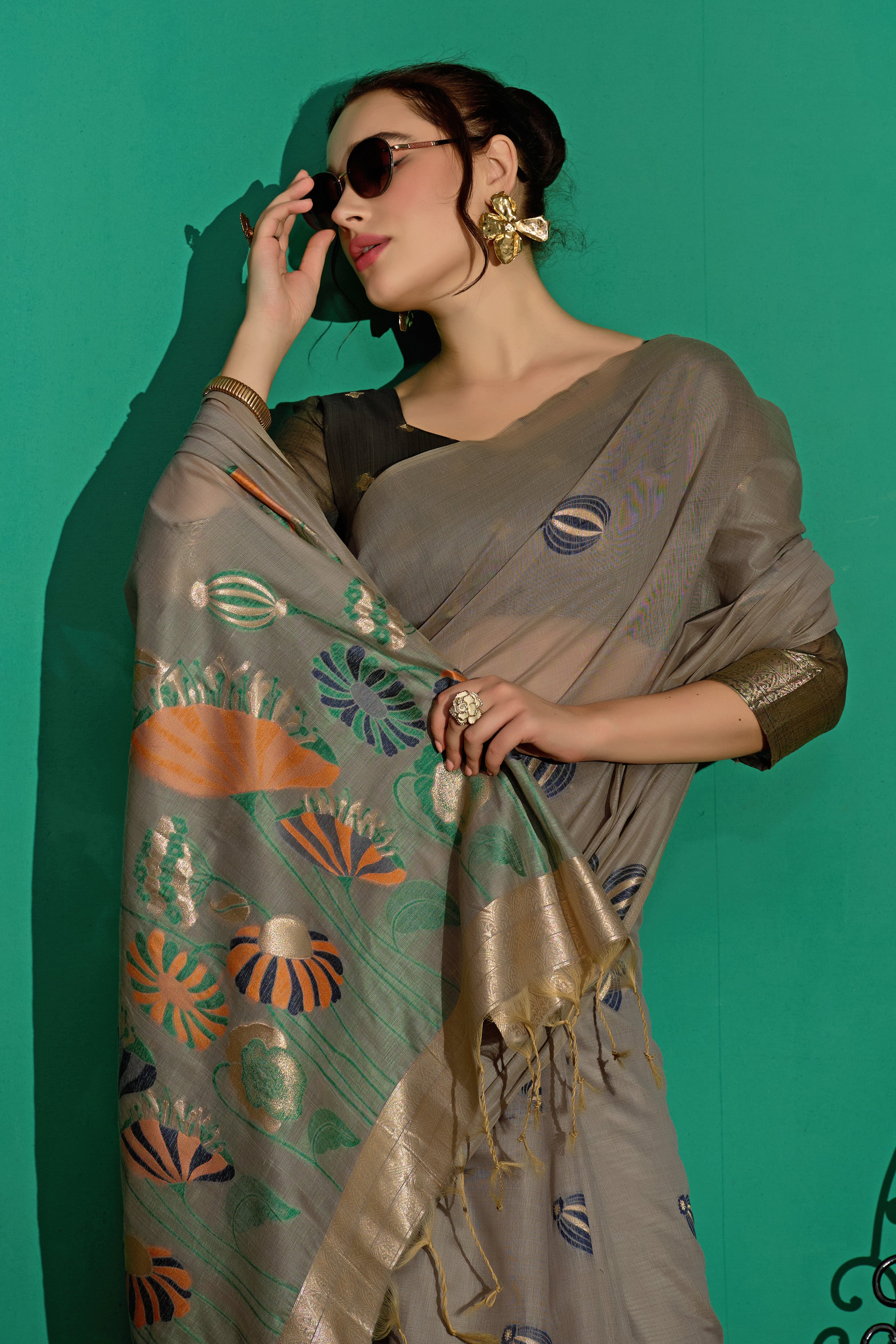 Lotus Bloom Woven Muga Cotton Saree in Gray
