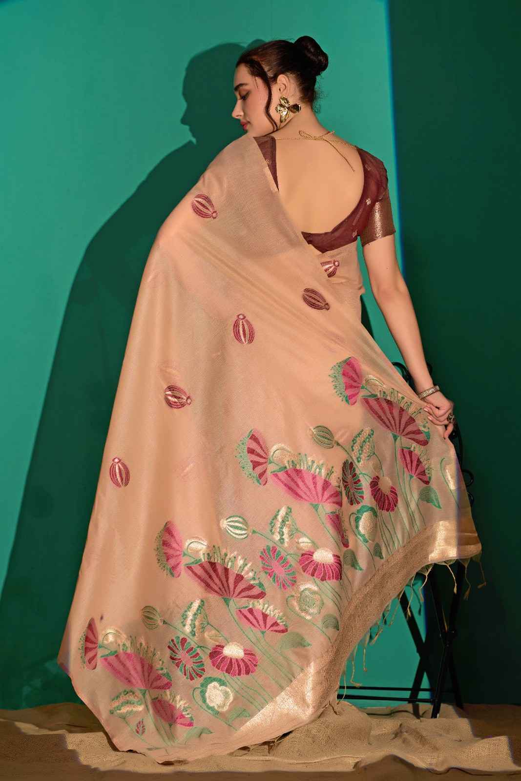 Lotus Bloom Woven Muga Cotton Saree in Peach