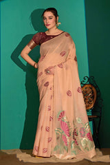Lotus Bloom Woven Muga Cotton Saree in Peach