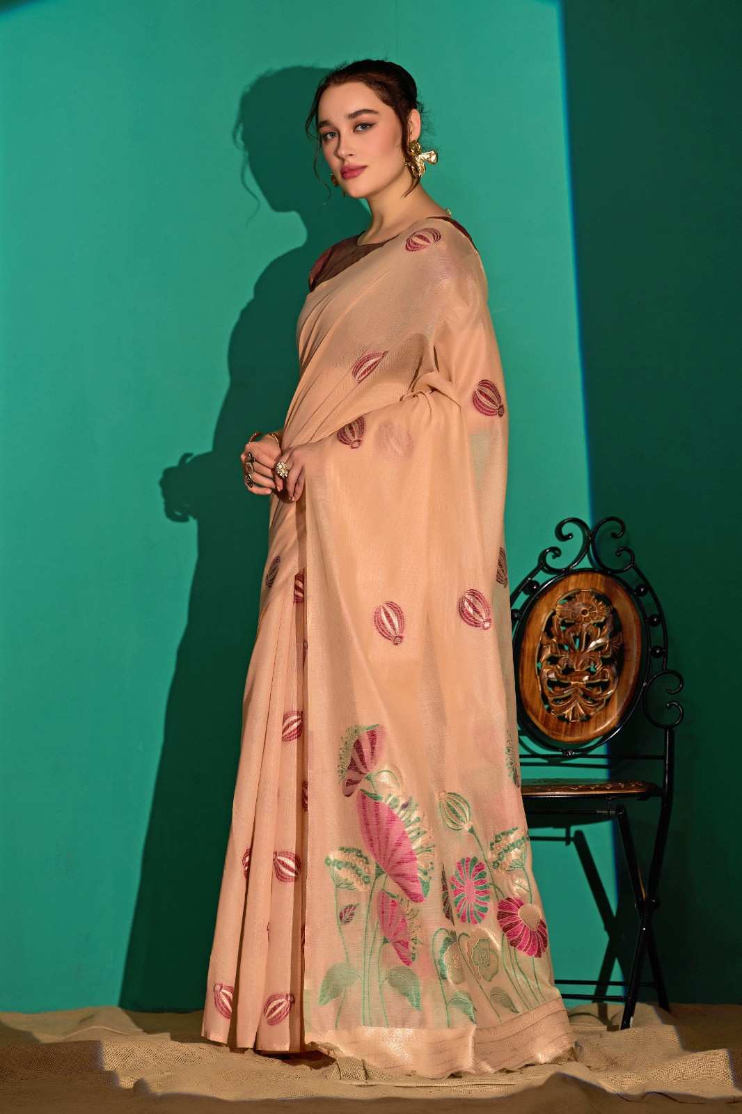 Lotus Bloom Woven Muga Cotton Saree in Peach