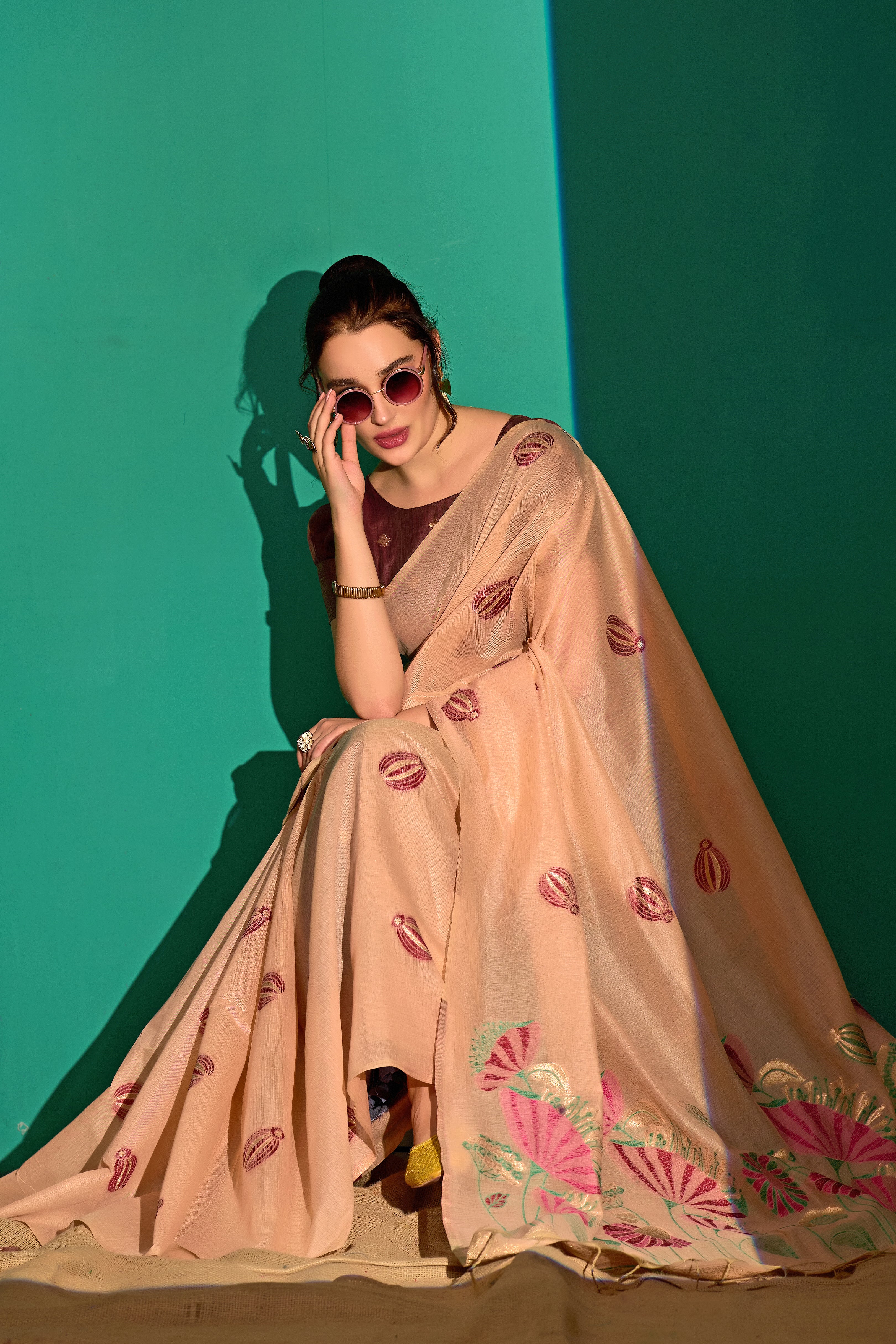 Lotus Bloom Woven Muga Cotton Saree in Peach