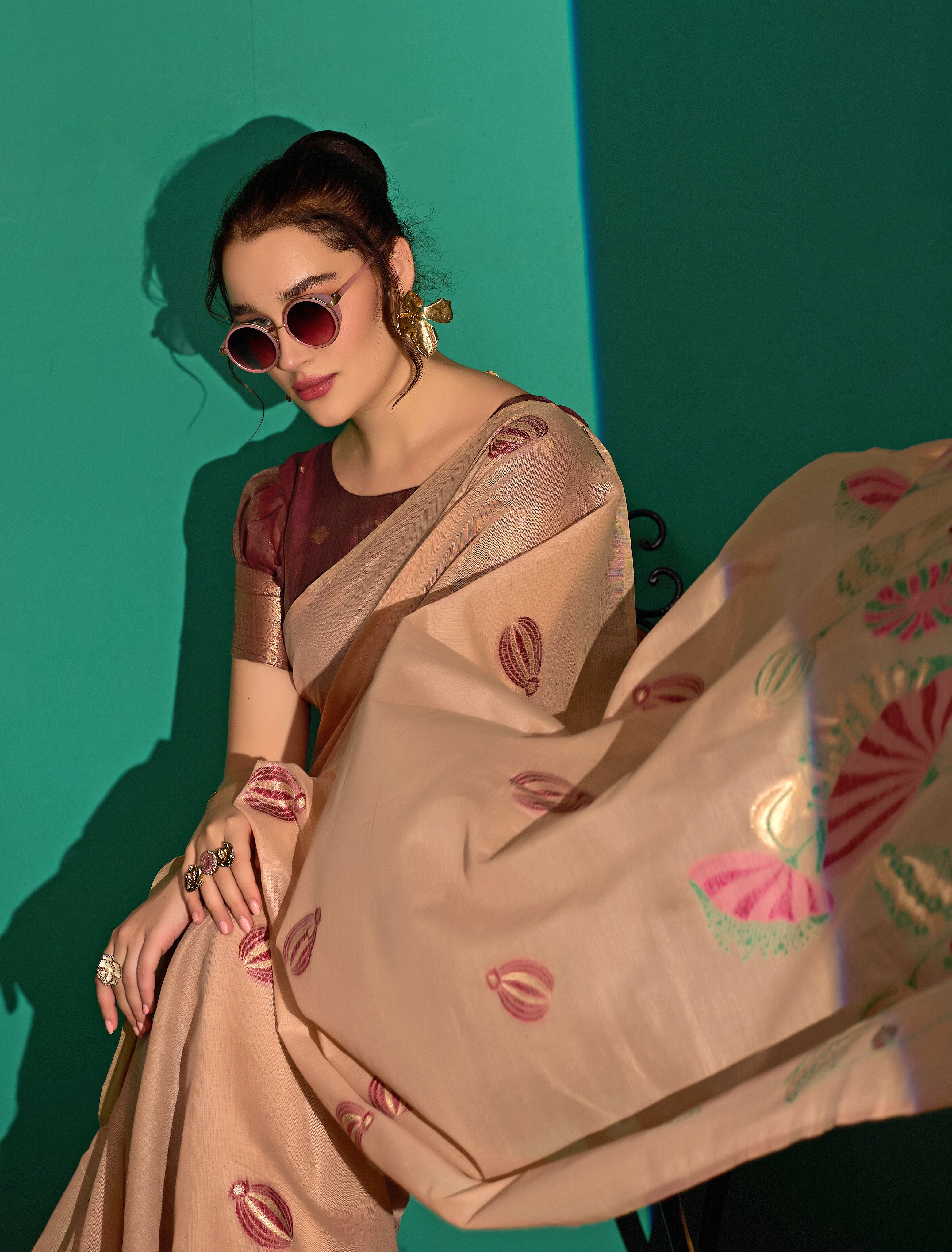 Lotus Bloom Woven Muga Cotton Saree in Peach