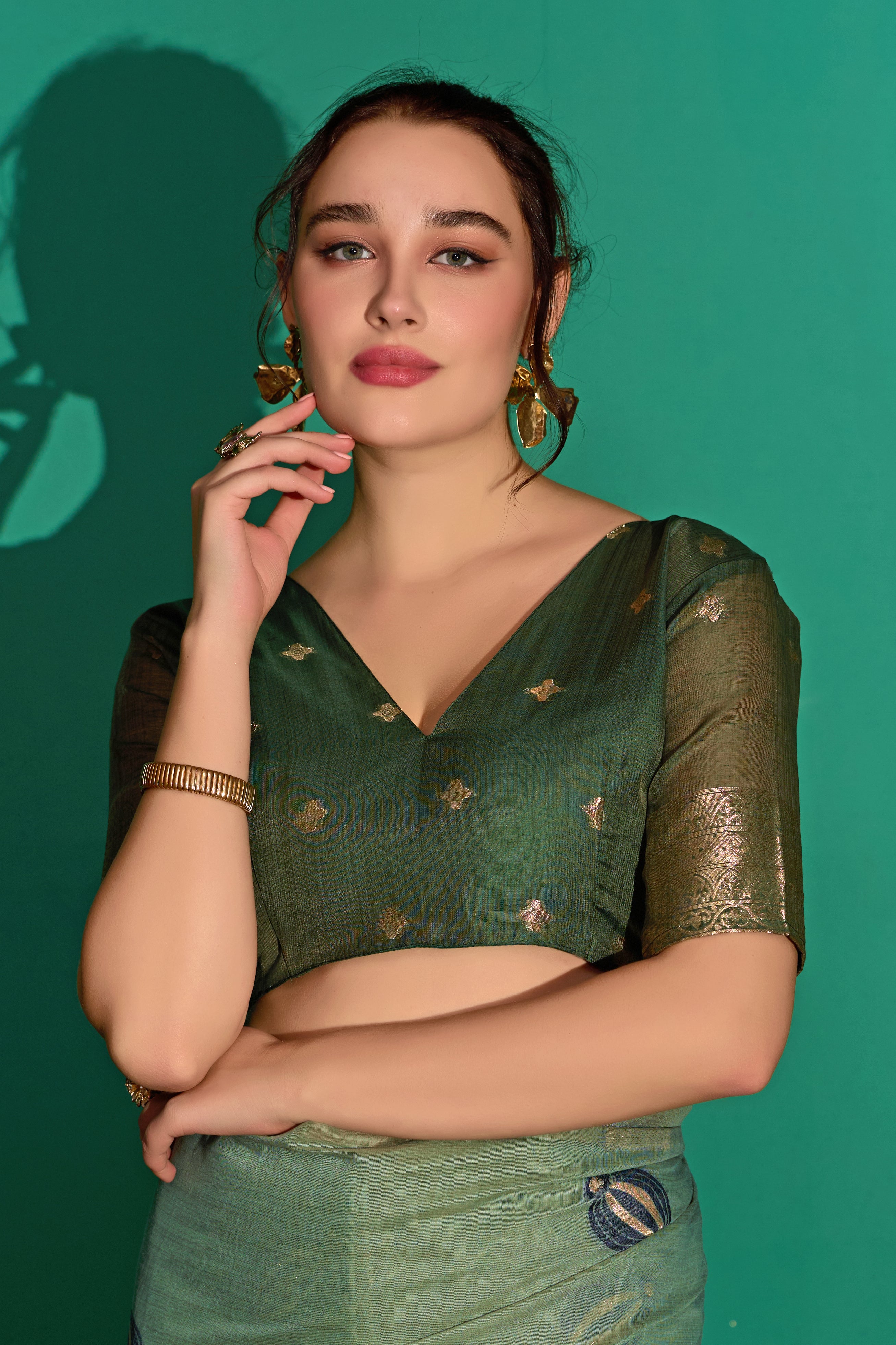 Lotus Bloom Woven Muga Cotton Saree in Green