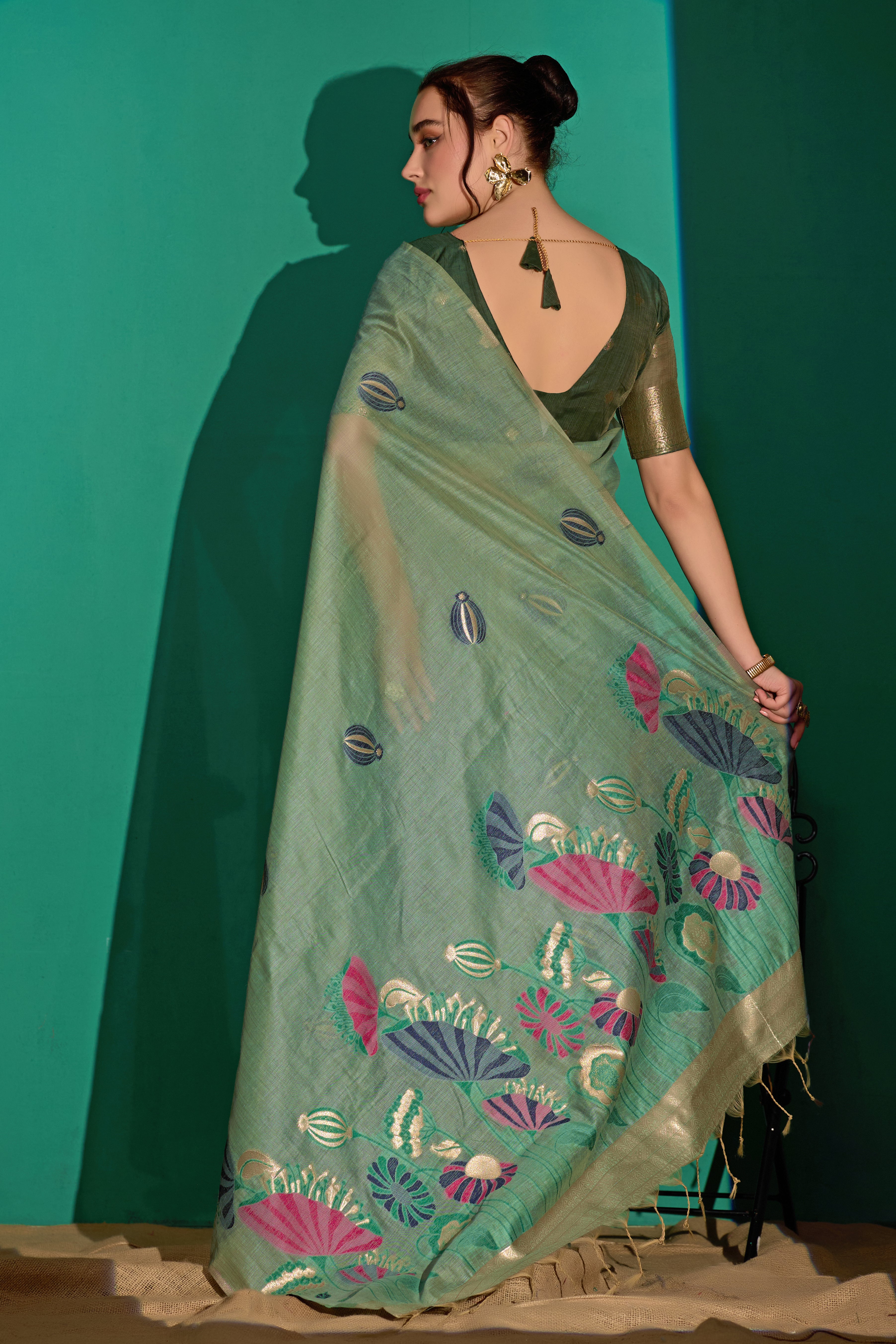 Lotus Bloom Woven Muga Cotton Saree in Green