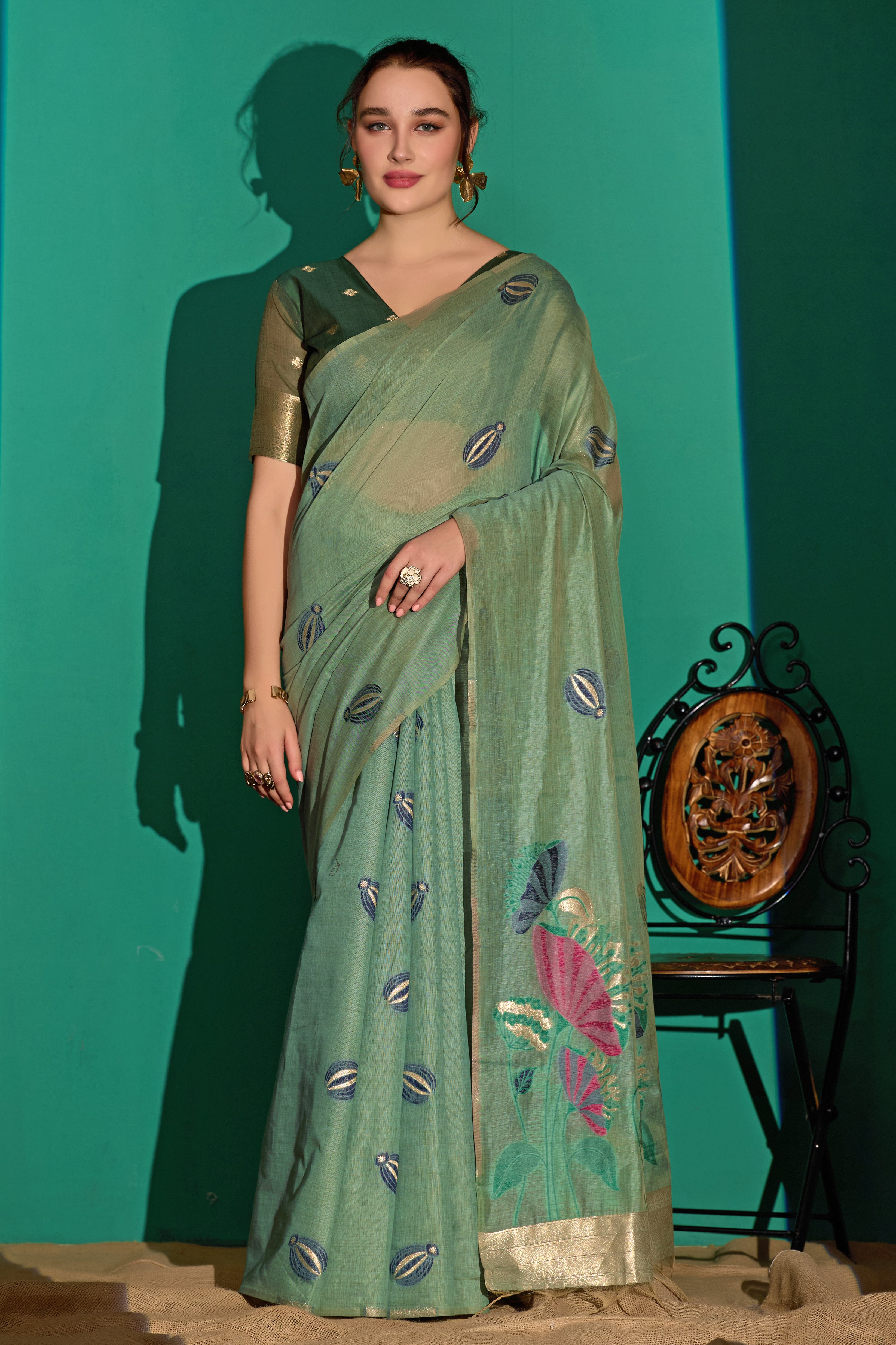 Lotus Bloom Woven Muga Cotton Saree in Green
