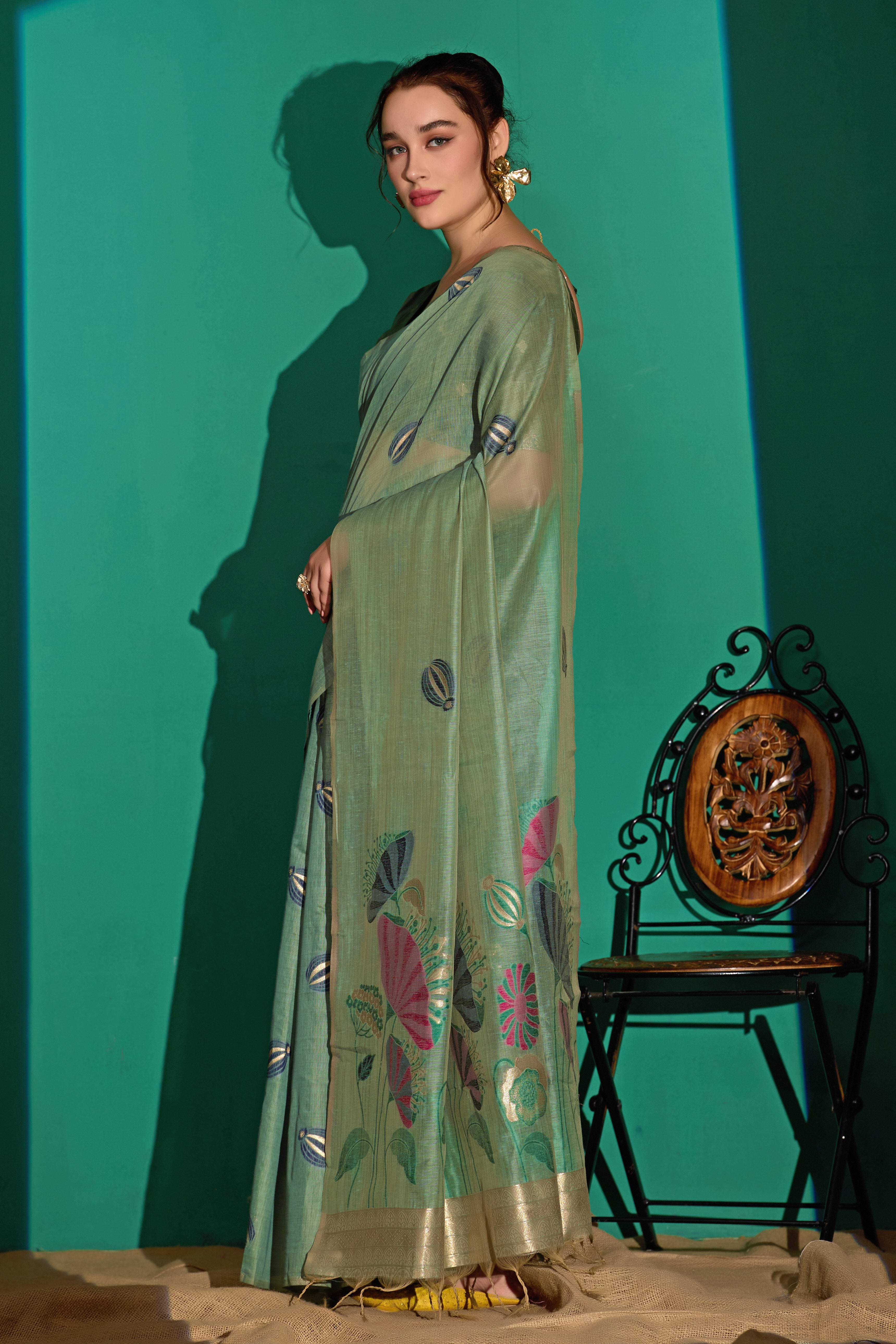 Lotus Bloom Woven Muga Cotton Saree in Green