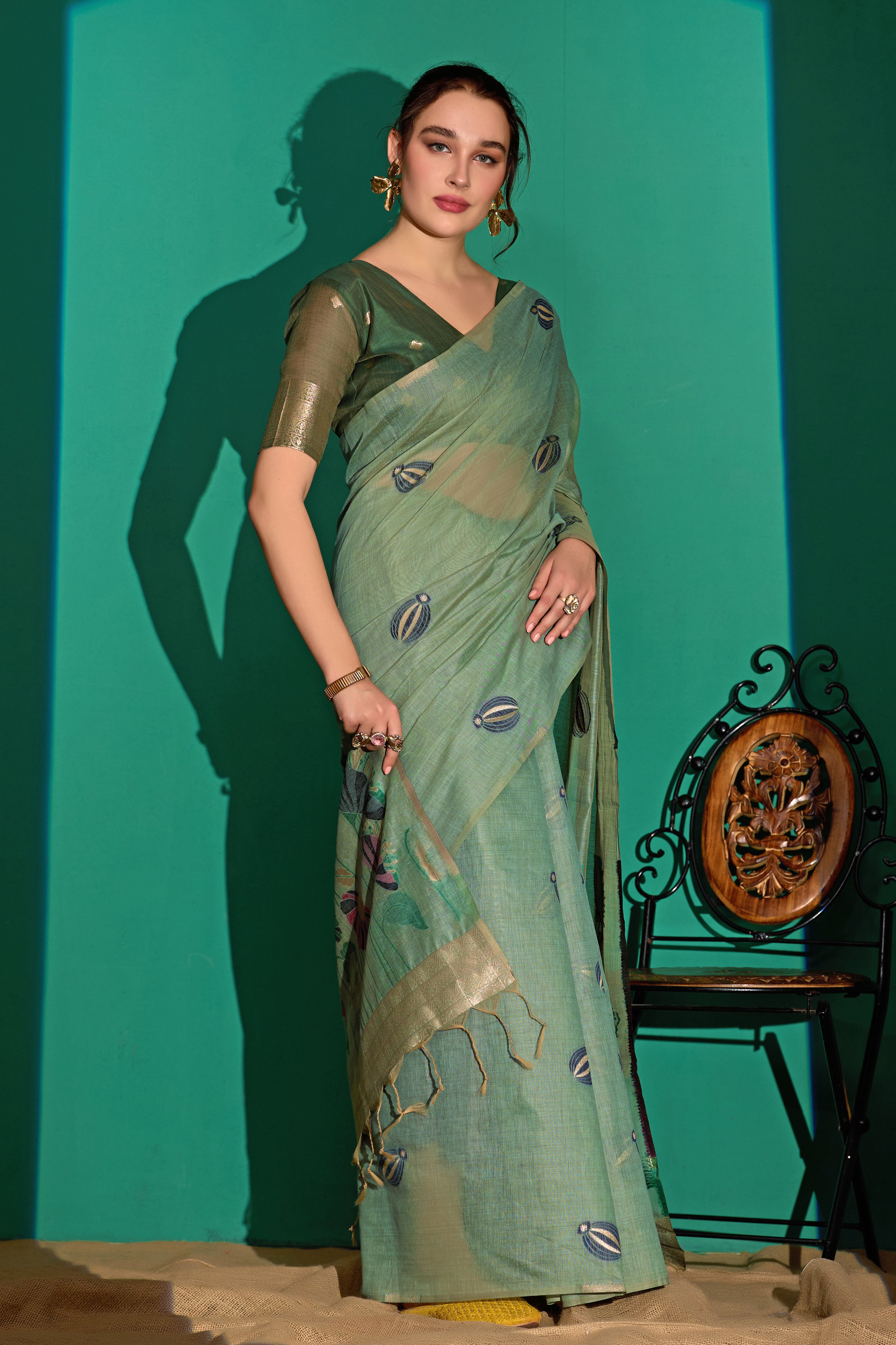 Lotus Bloom Woven Muga Cotton Saree in Green