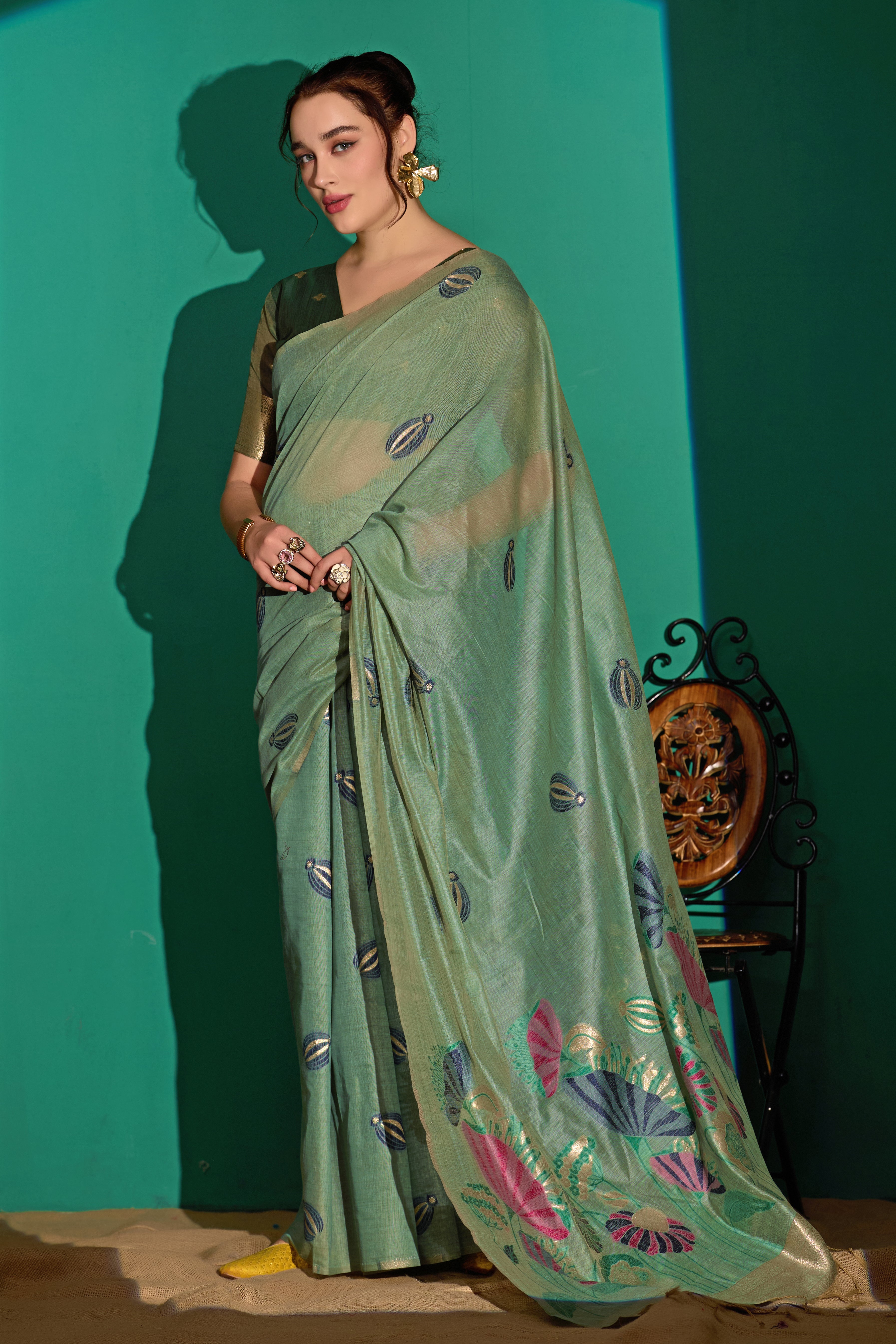 Lotus Bloom Woven Muga Cotton Saree in Green