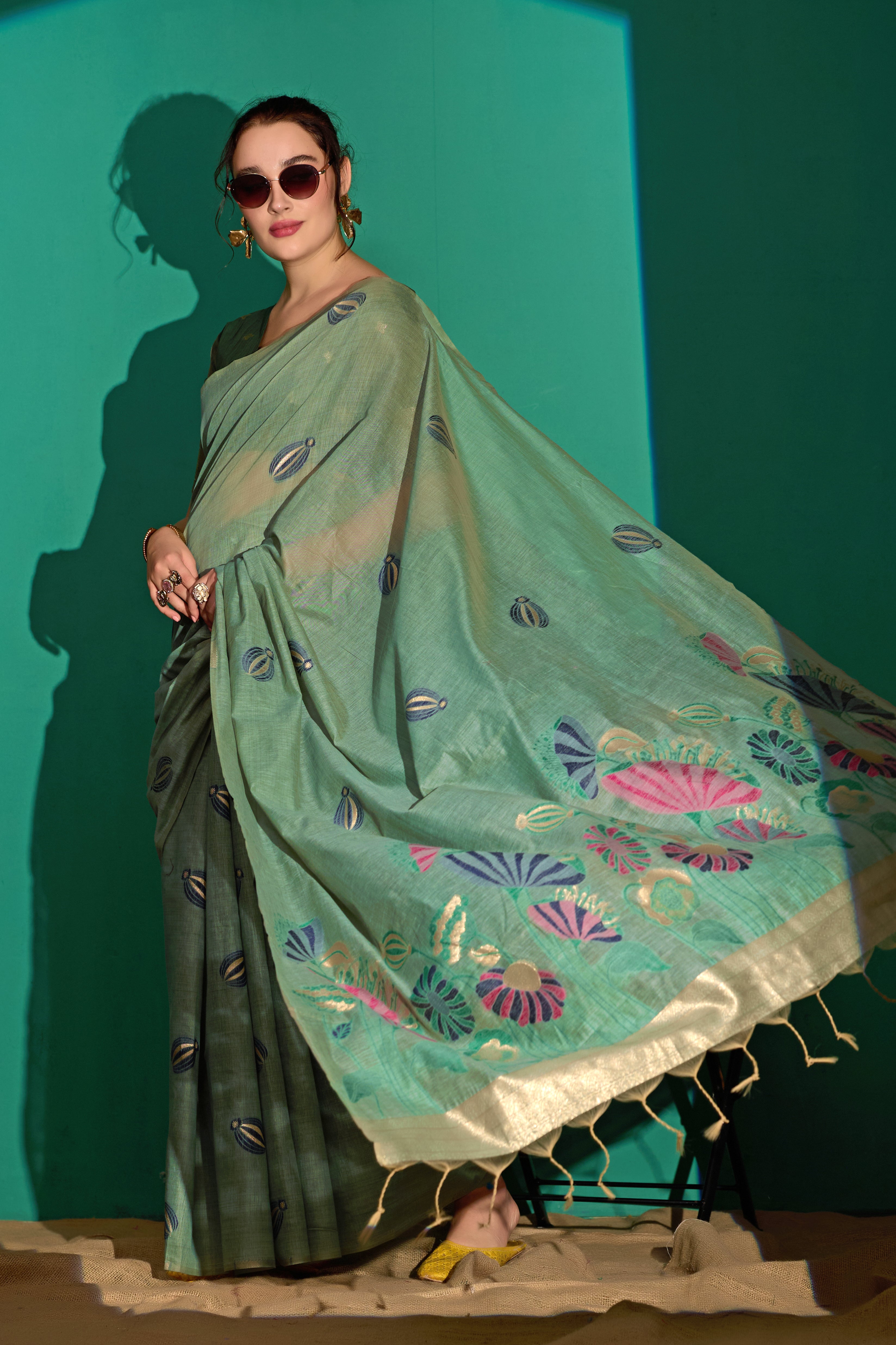 Lotus Bloom Woven Muga Cotton Saree in Green