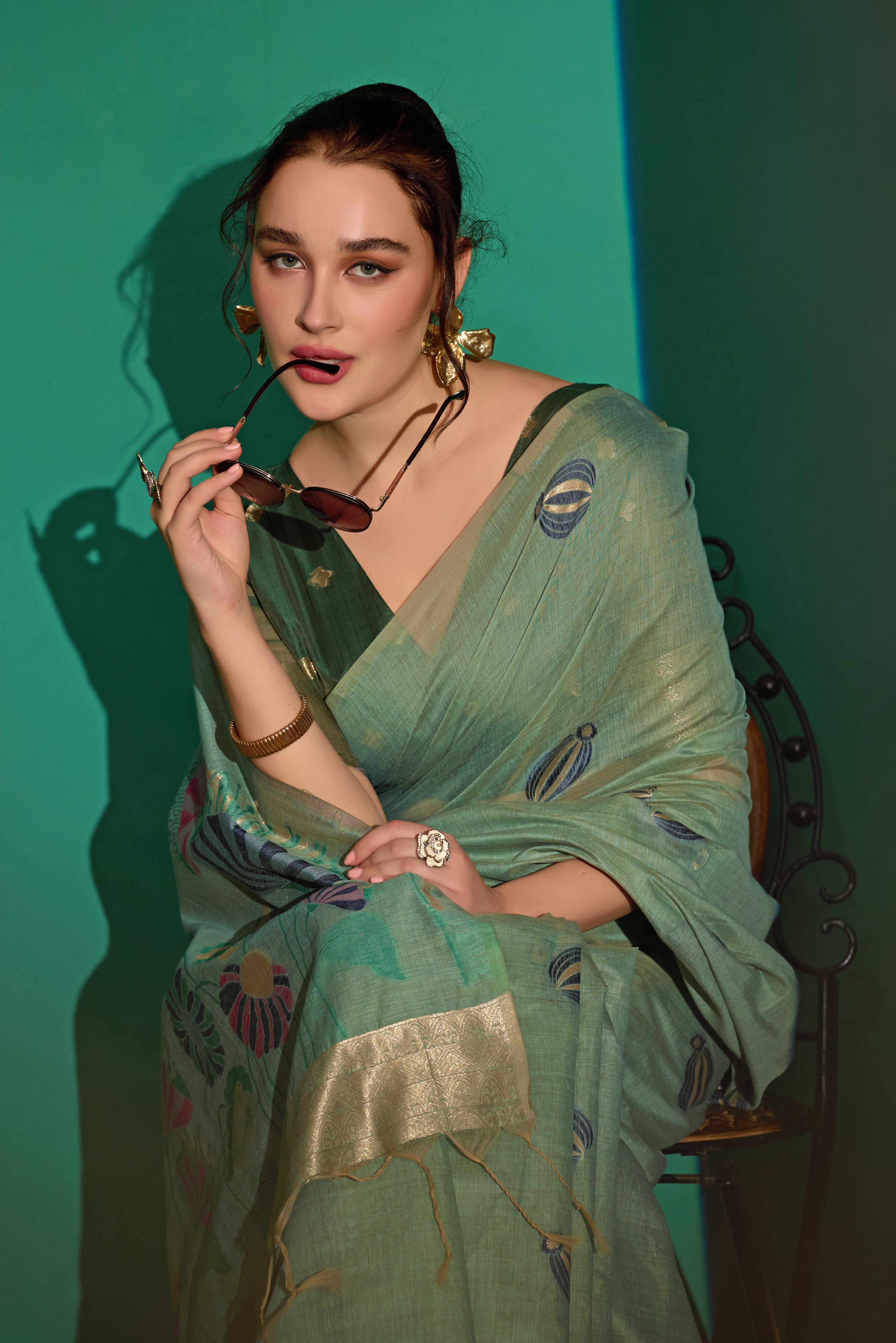 Lotus Bloom Woven Muga Cotton Saree in Green