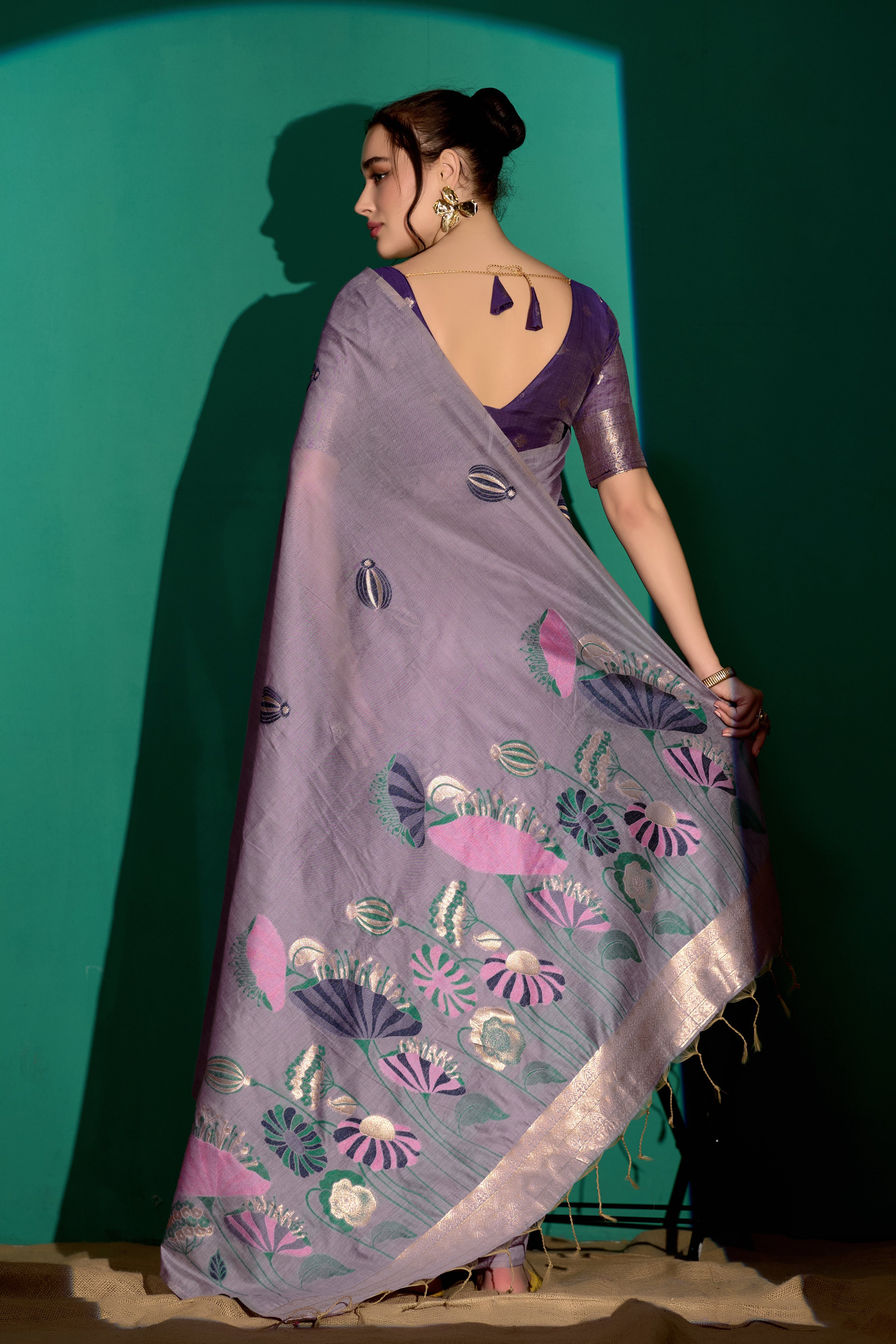 Lotus Bloom Woven Muga Cotton Saree in Lavender