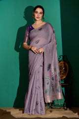 Lotus Bloom Woven Muga Cotton Saree in Lavender