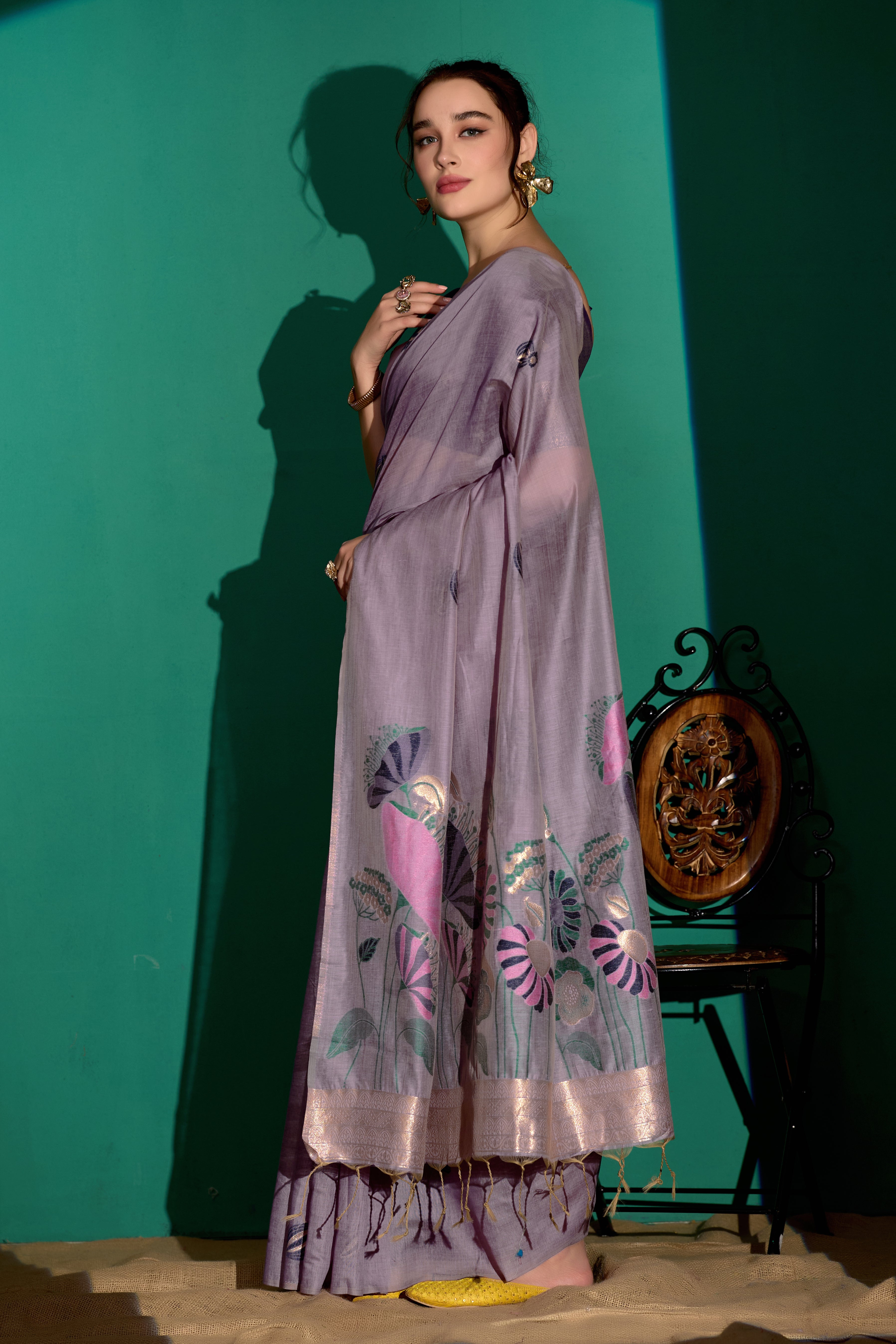 Lotus Bloom Woven Muga Cotton Saree in Lavender