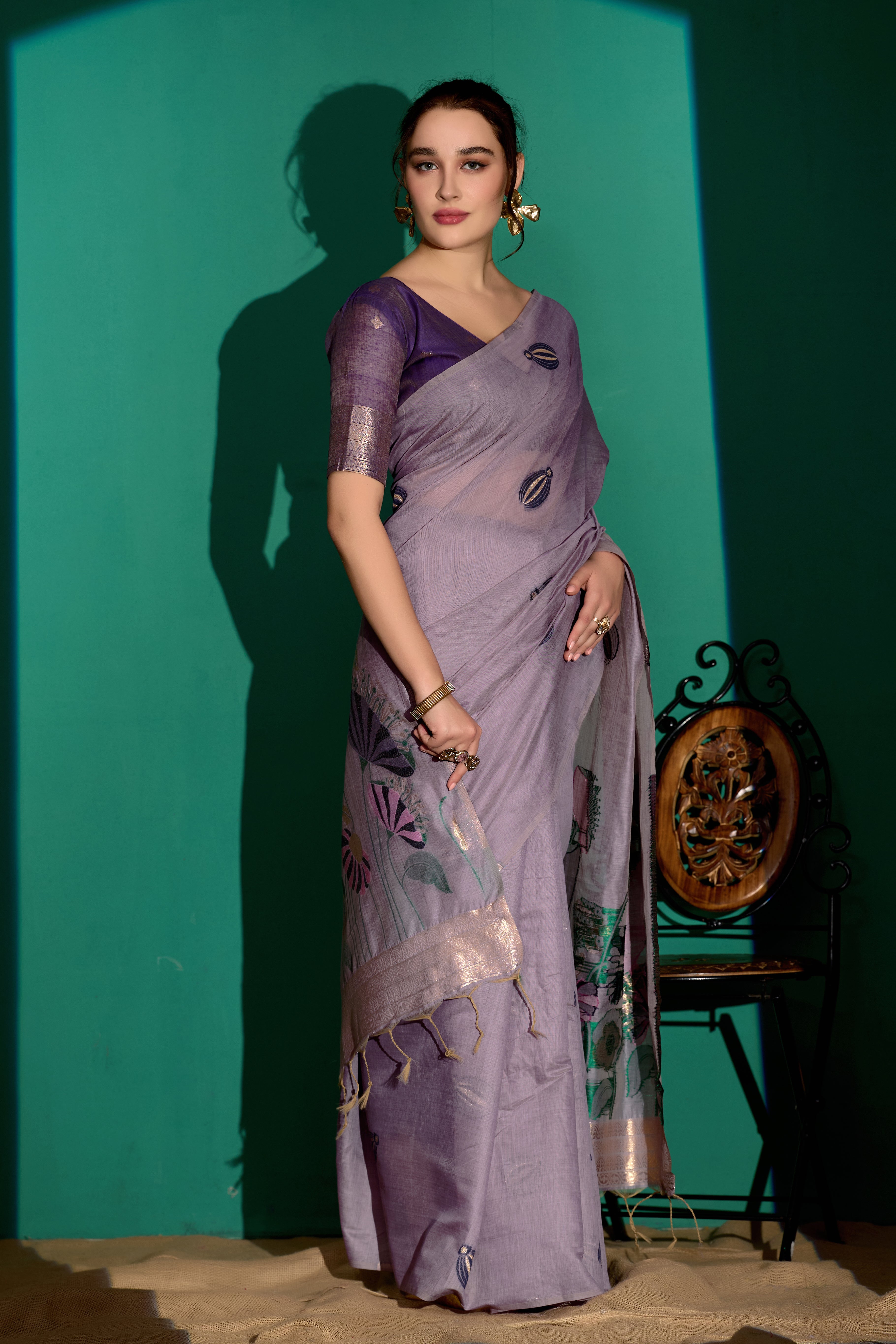 Lotus Bloom Woven Muga Cotton Saree in Lavender