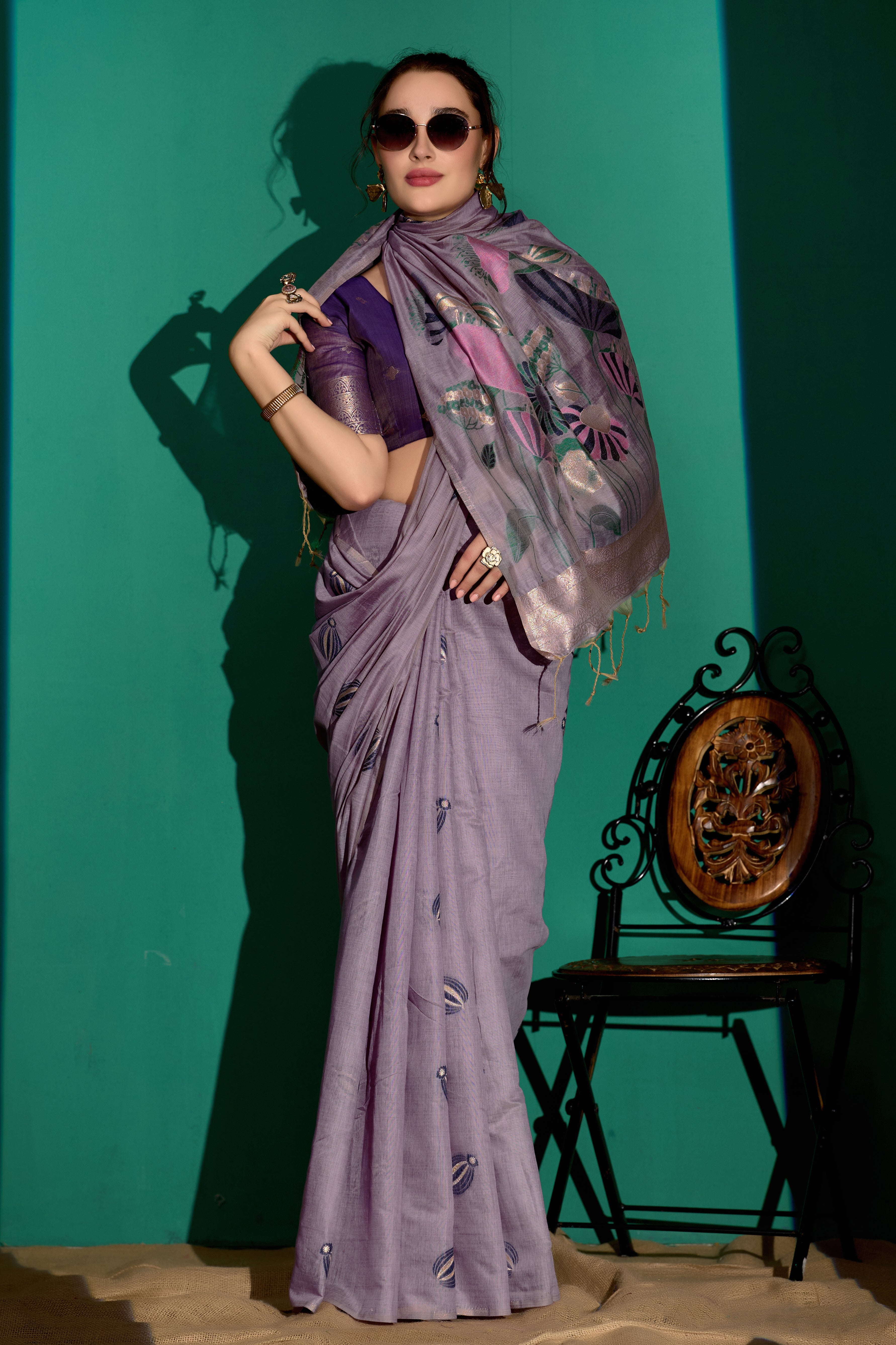 Lotus Bloom Woven Muga Cotton Saree in Lavender