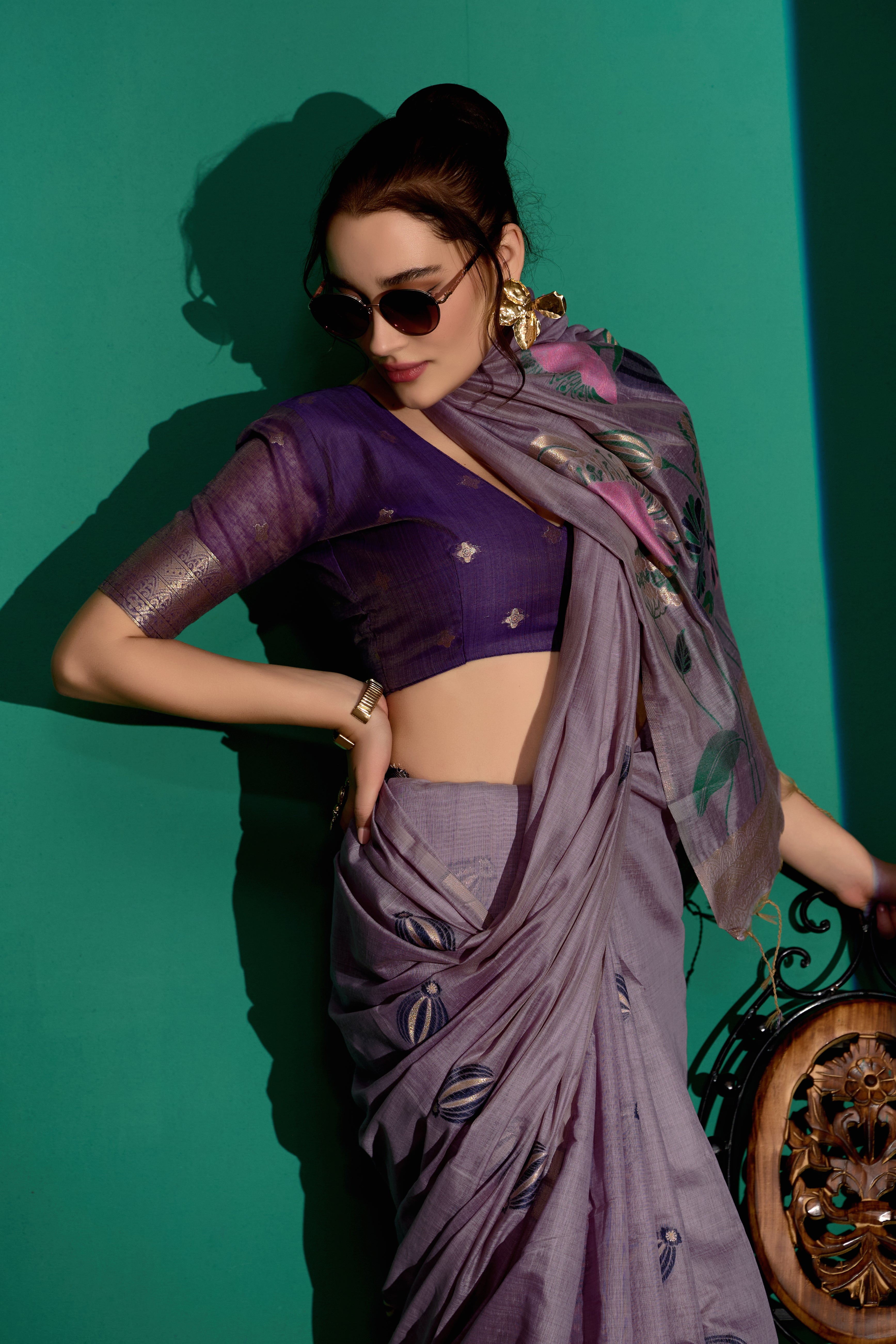 Lotus Bloom Woven Muga Cotton Saree in Lavender
