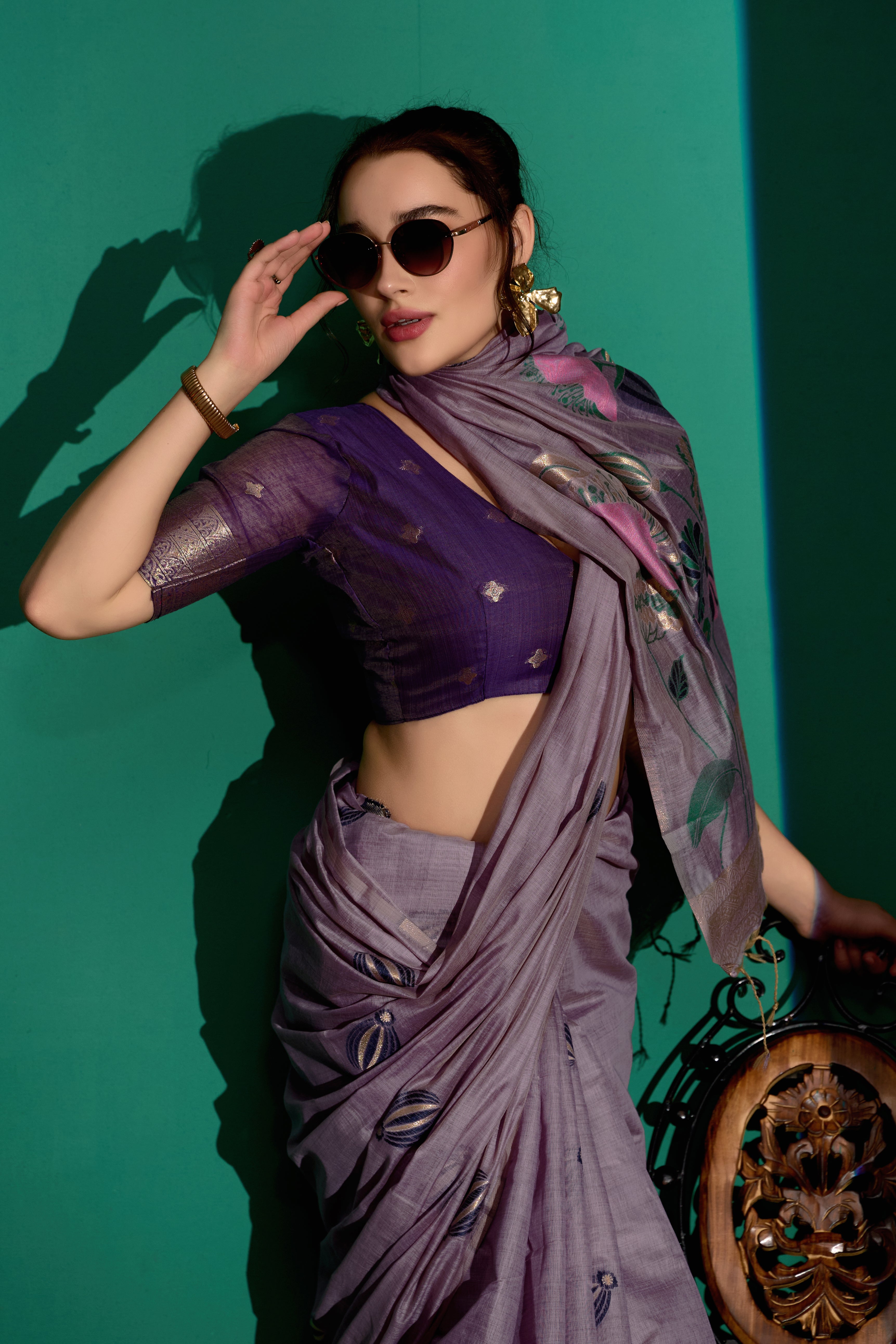 Lotus Bloom Woven Muga Cotton Saree in Lavender