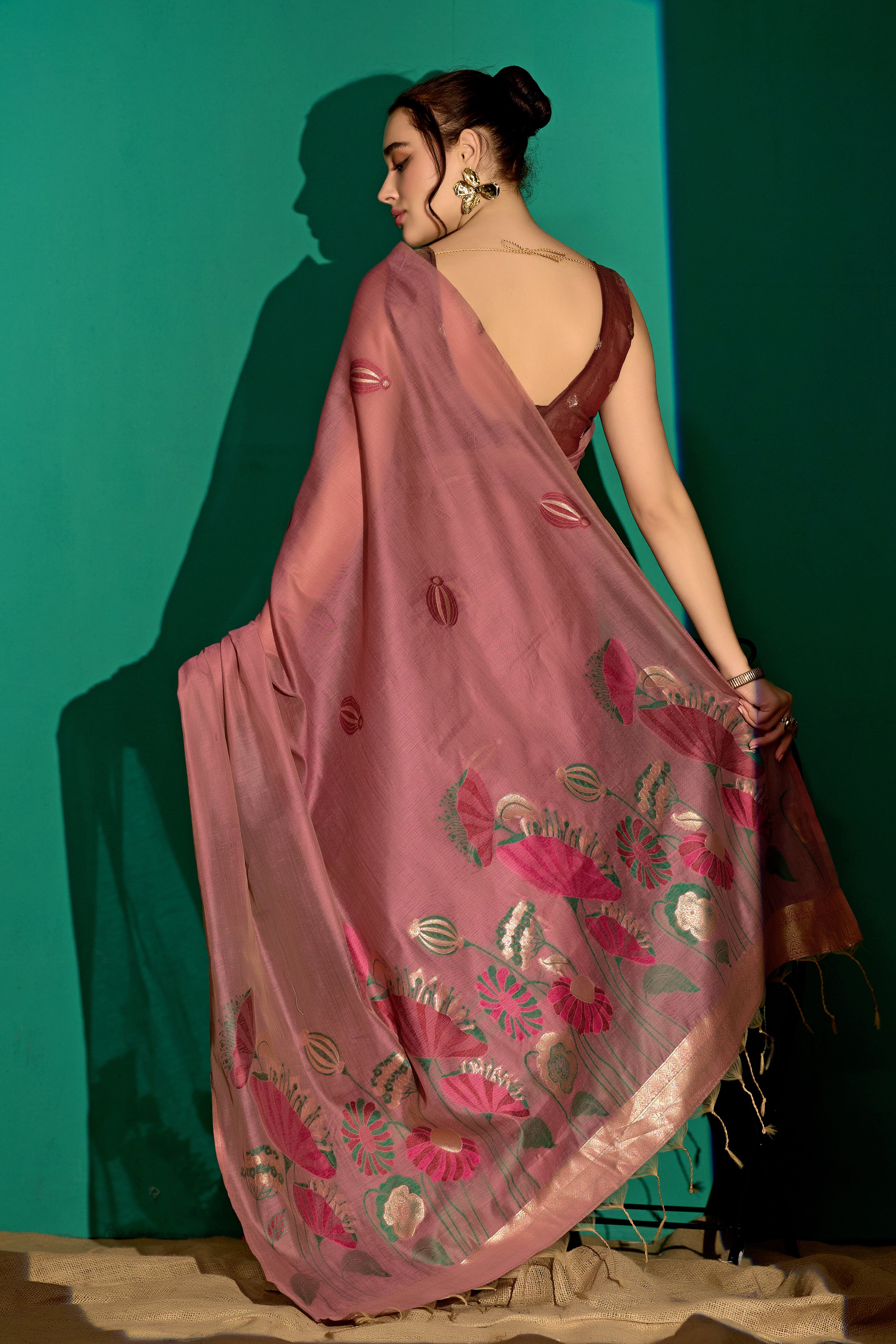 Lotus Bloom Woven Muga Cotton Saree in Wine