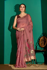 Lotus Bloom Woven Muga Cotton Saree in Wine