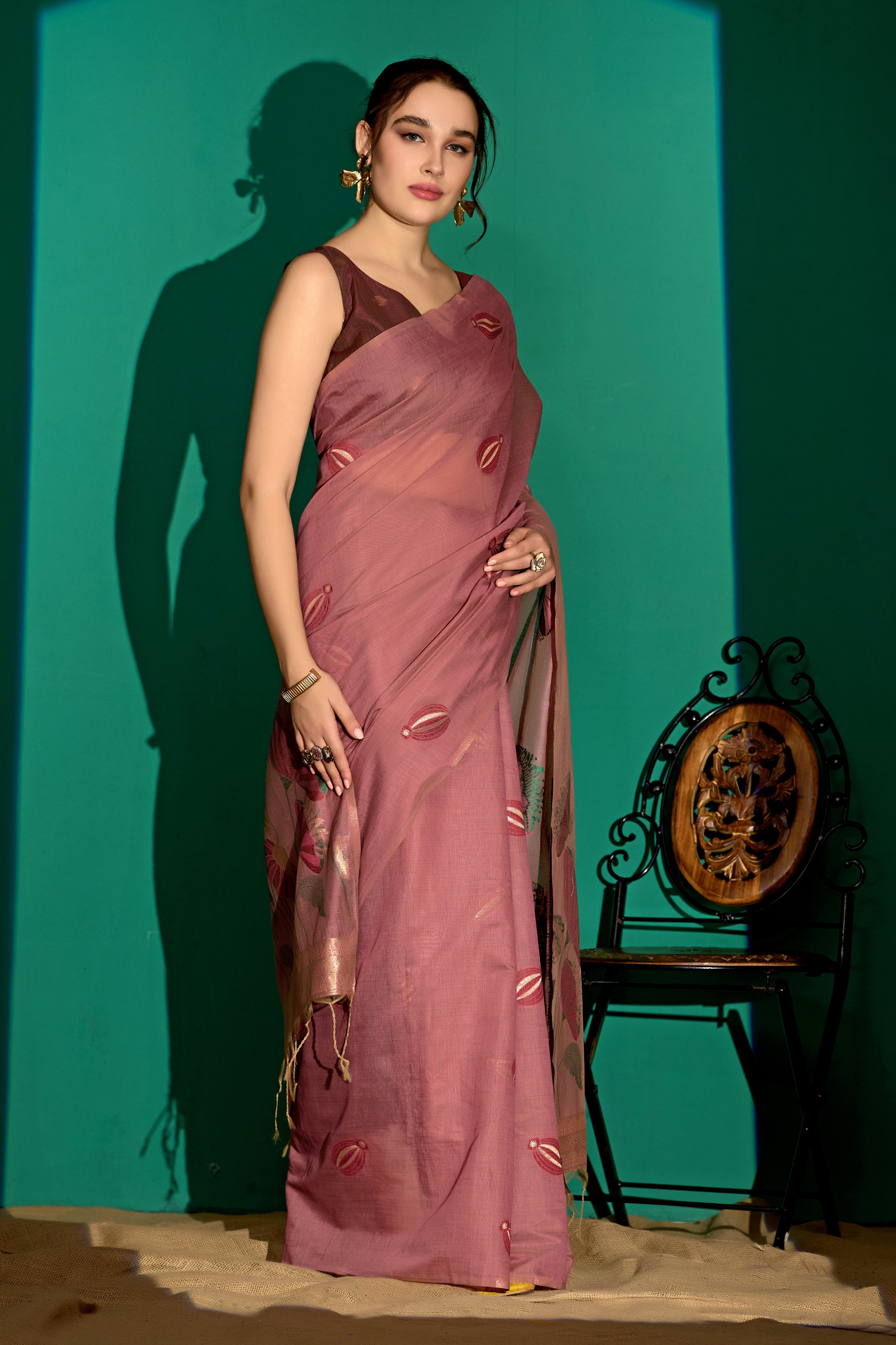 Lotus Bloom Woven Muga Cotton Saree in Wine