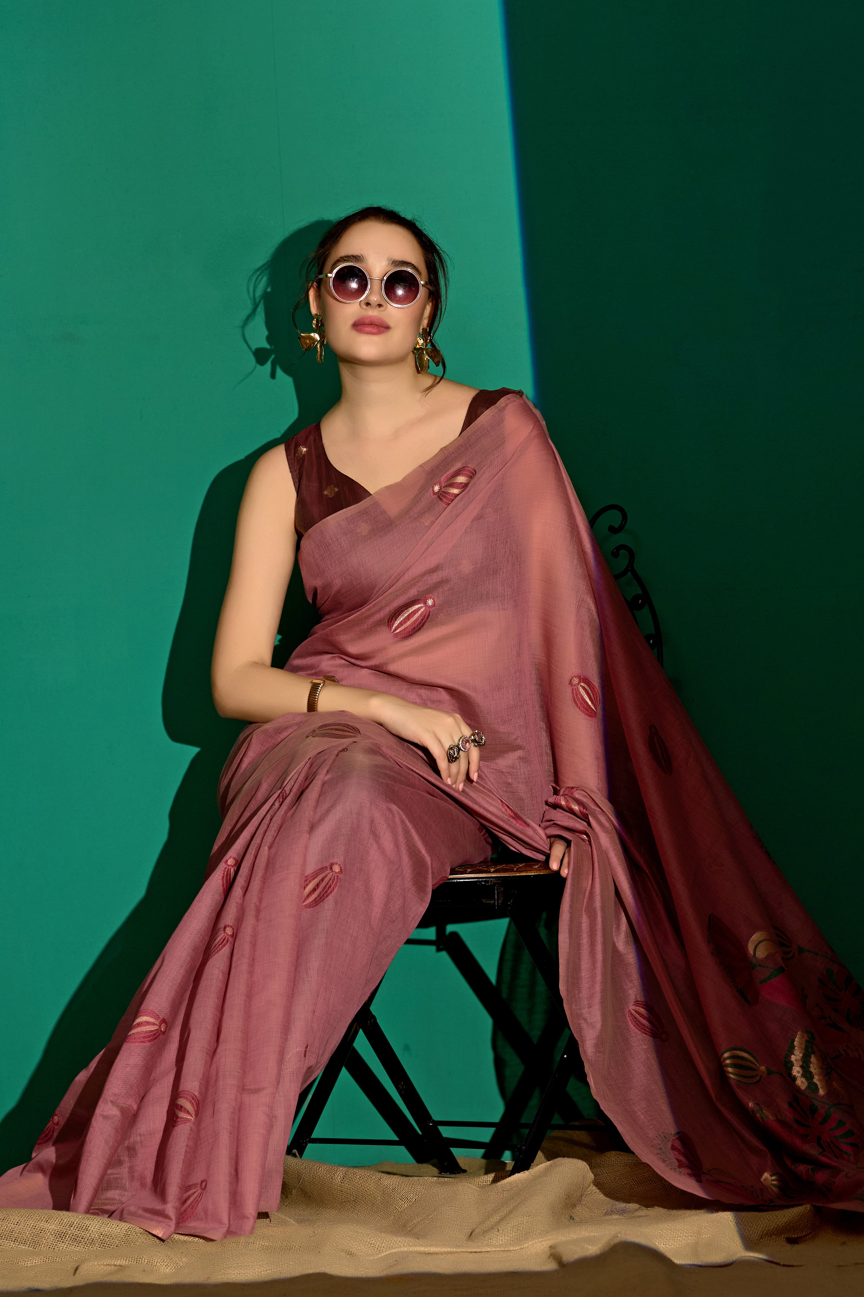 Lotus Bloom Woven Muga Cotton Saree in Wine
