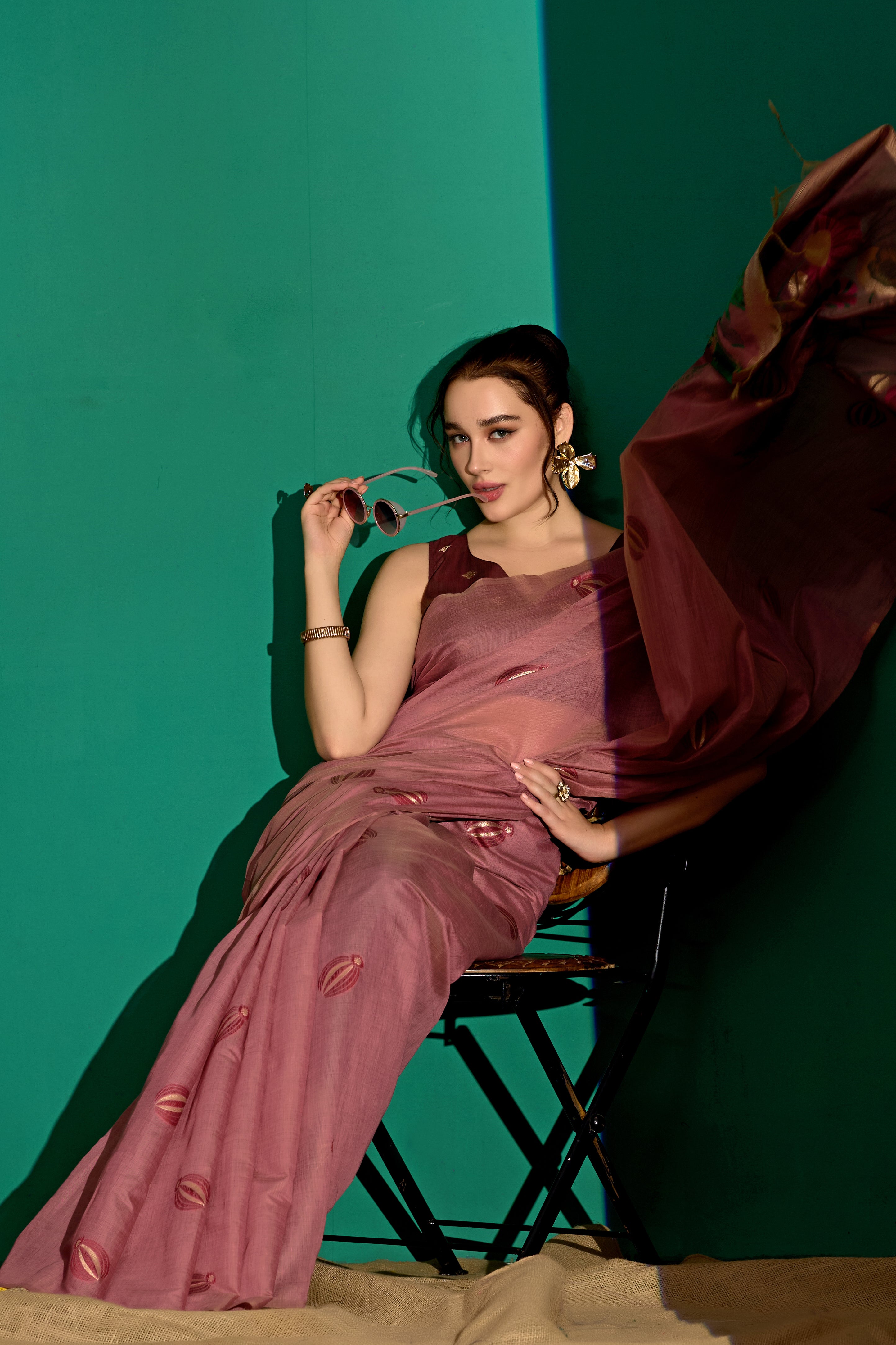 Lotus Bloom Woven Muga Cotton Saree in Wine