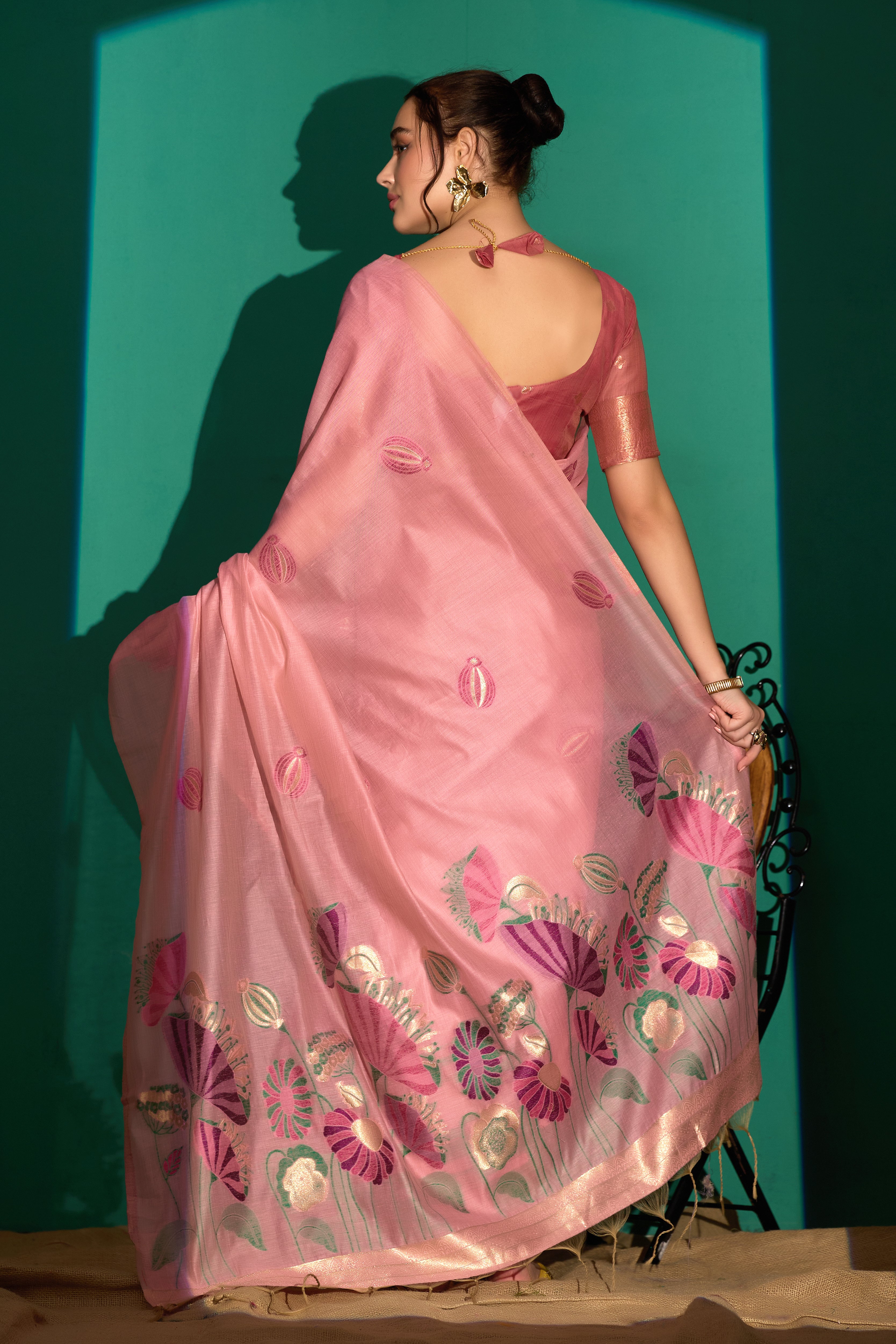 Lotus Bloom Woven Muga Cotton Saree in Pink