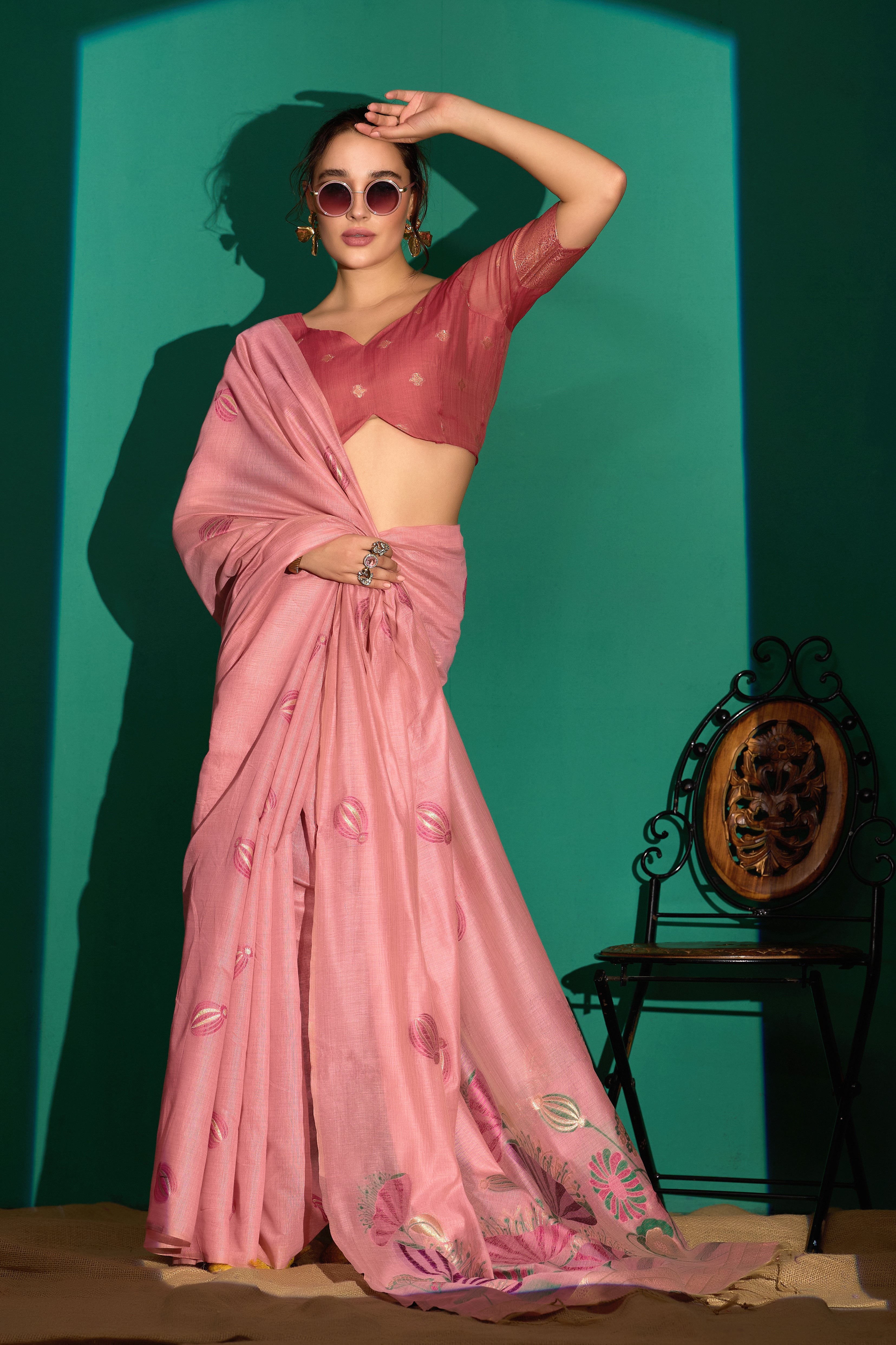 Lotus Bloom Woven Muga Cotton Saree in Pink