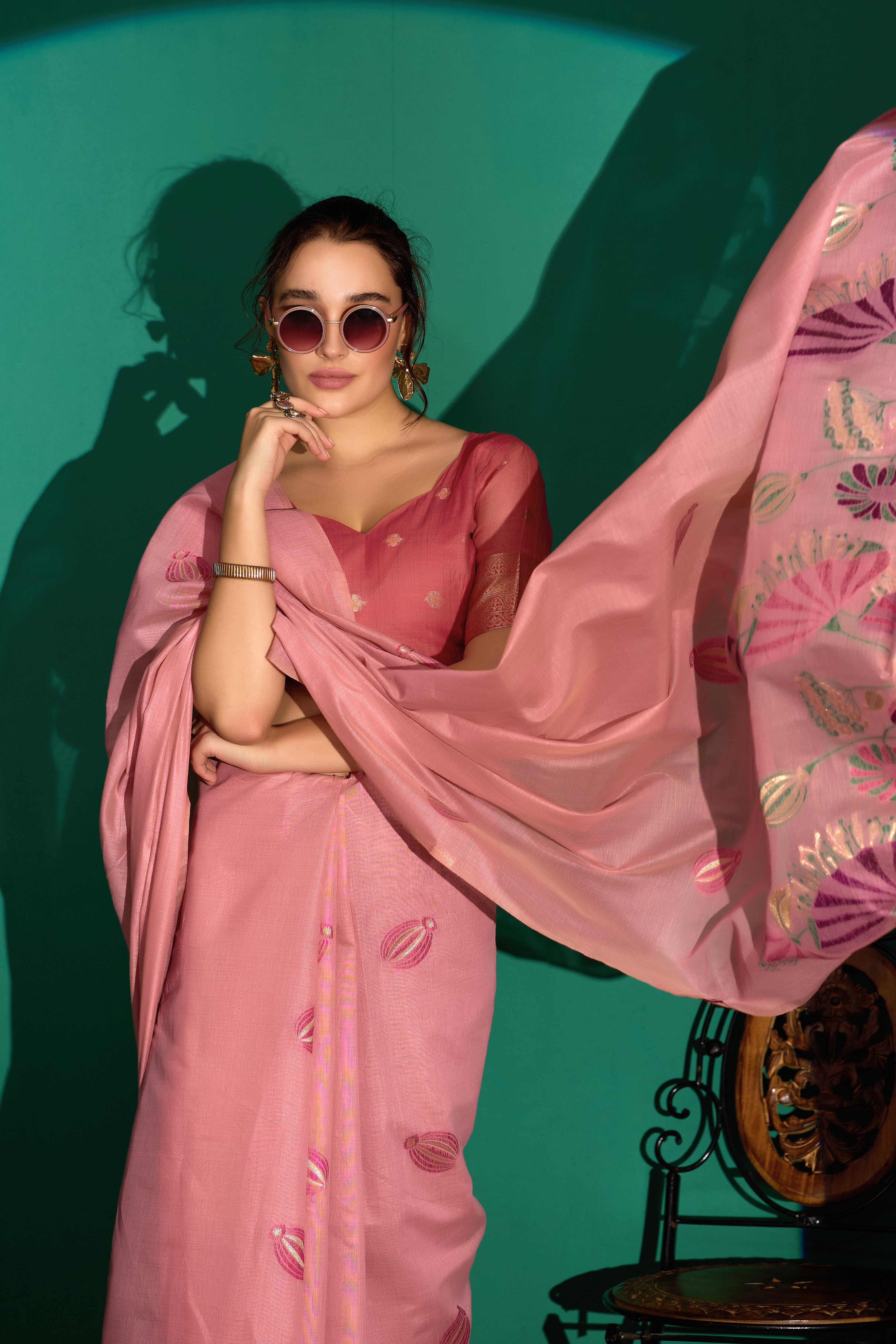 Lotus Bloom Woven Muga Cotton Saree in Pink
