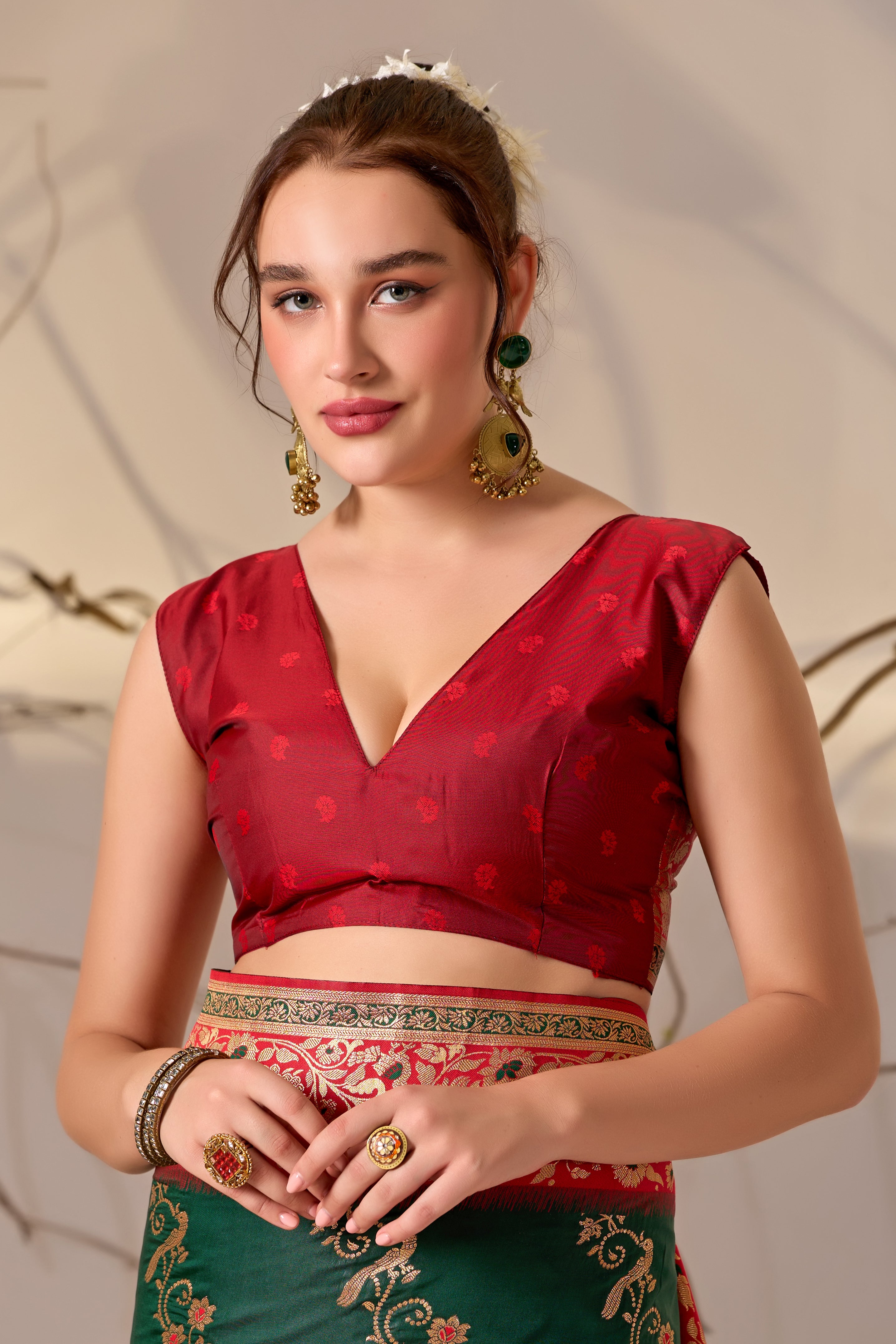 Banarasi Silk Saree with Peacock & Parrot Motifs in Bottle Green