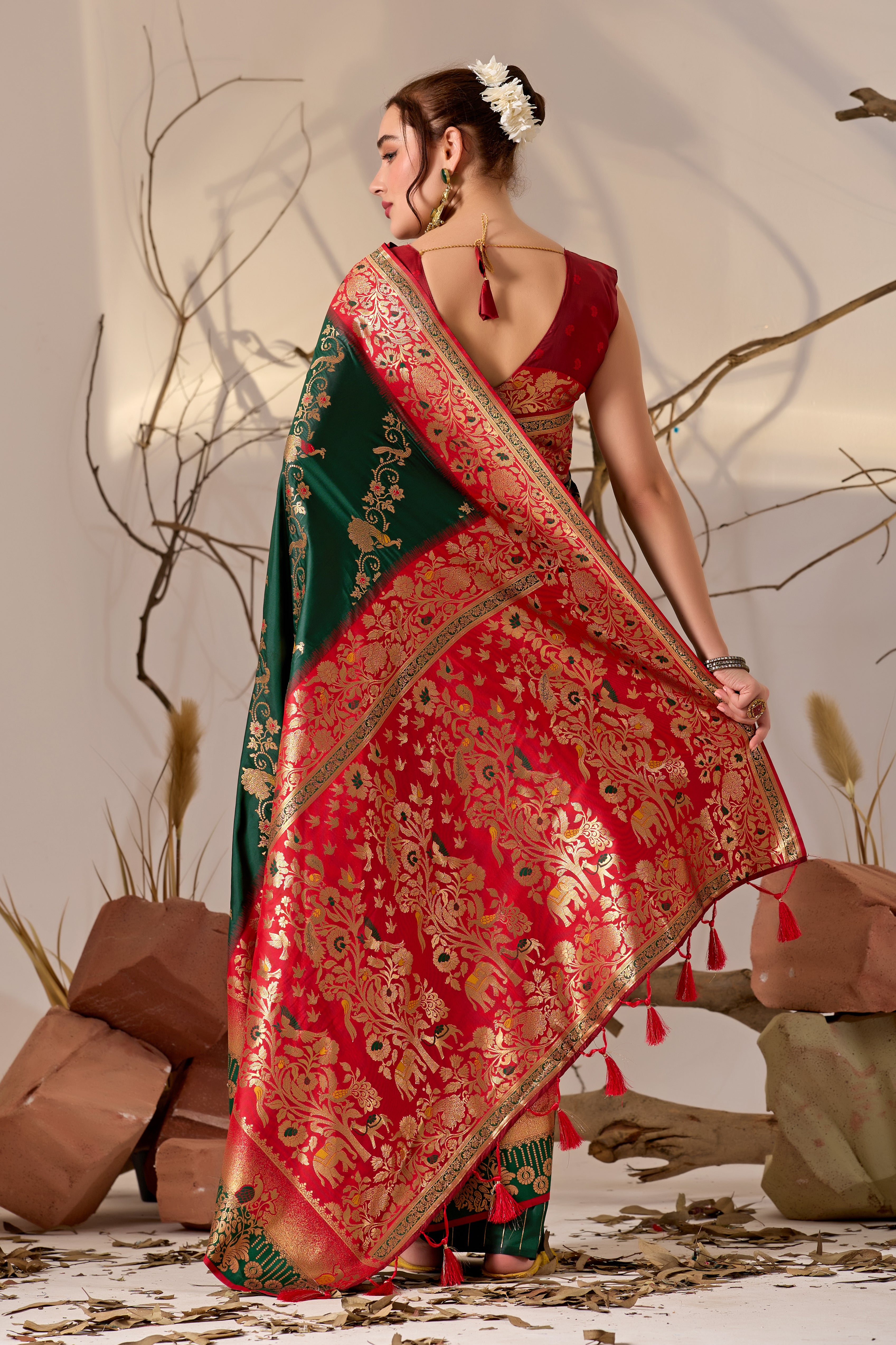 Banarasi Silk Saree with Peacock & Parrot Motifs in Bottle Green