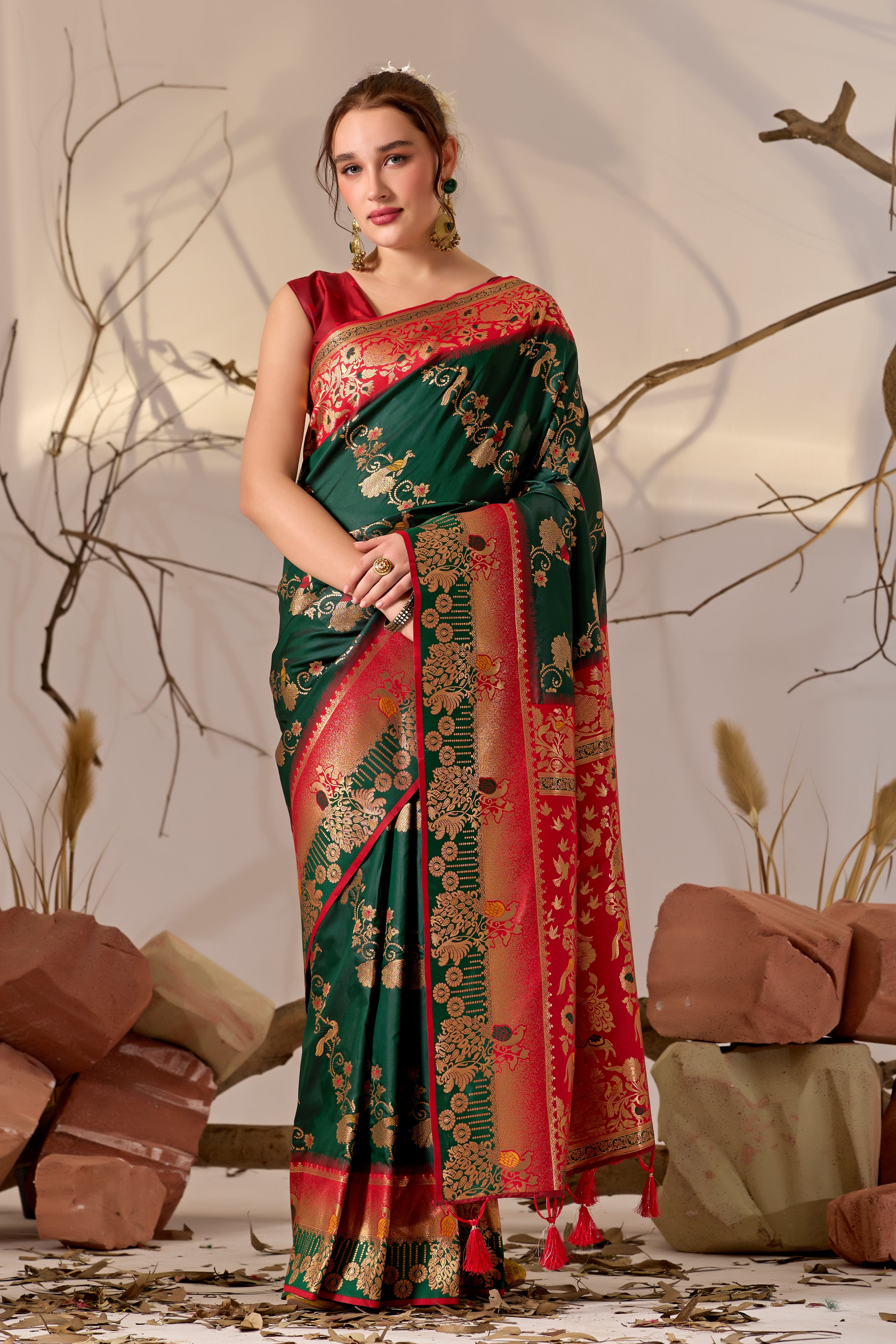 Banarasi Silk Saree with Peacock & Parrot Motifs in Bottle Green