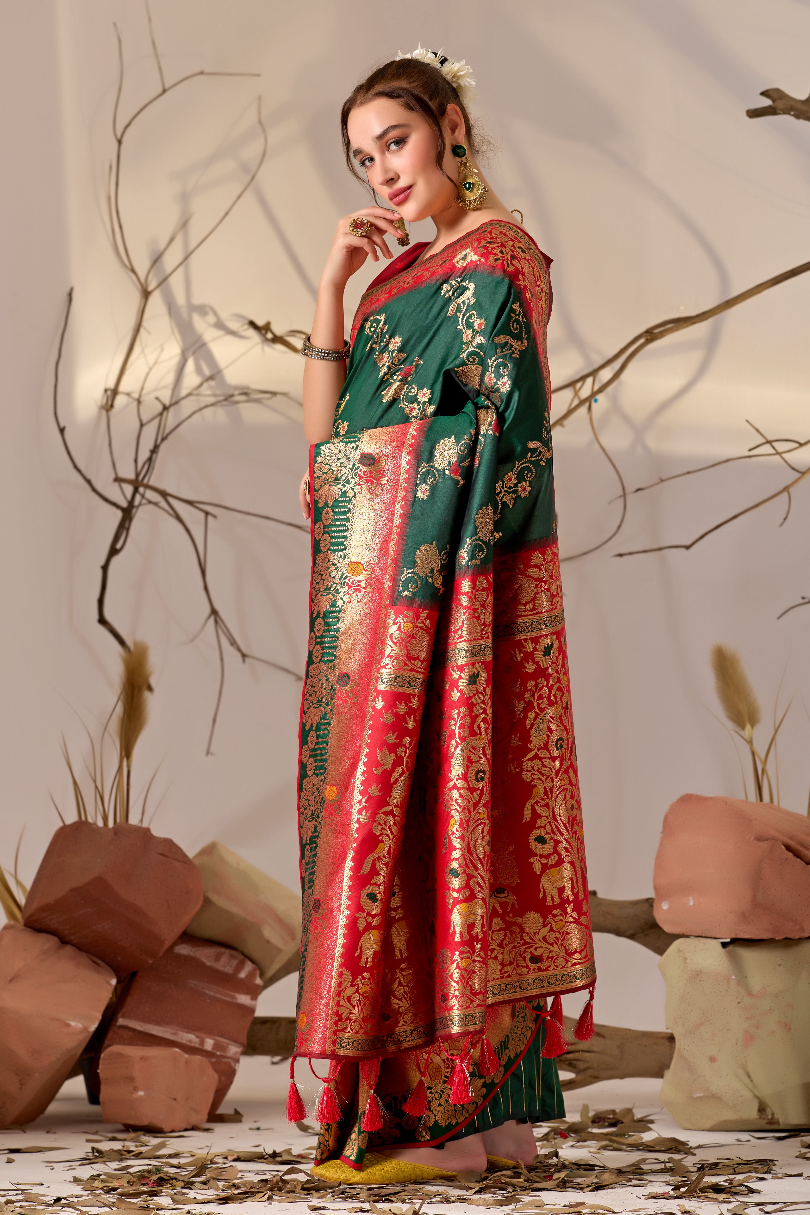 Banarasi Silk Saree with Peacock & Parrot Motifs in Bottle Green