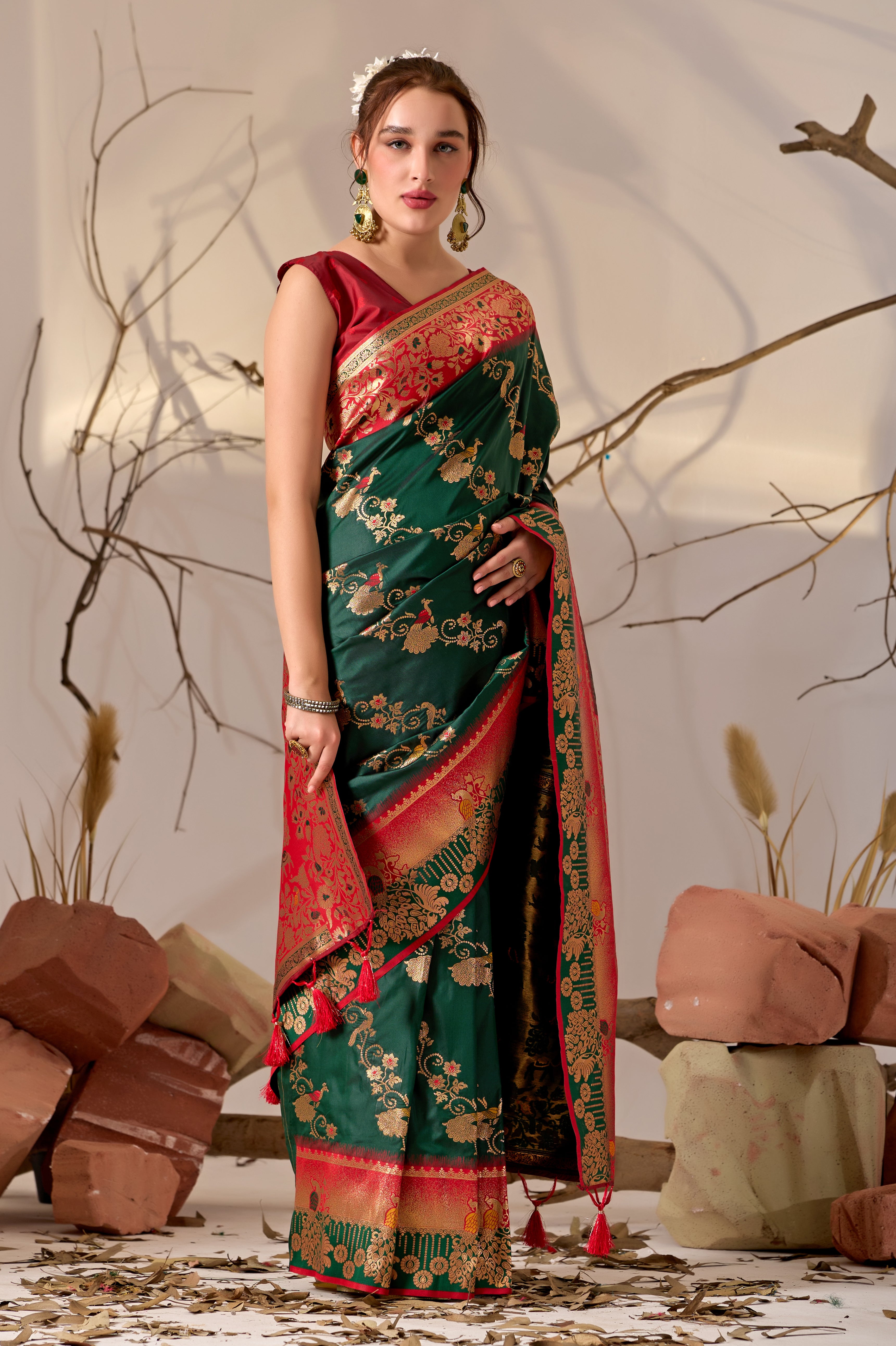 Banarasi Silk Saree with Peacock & Parrot Motifs in Bottle Green