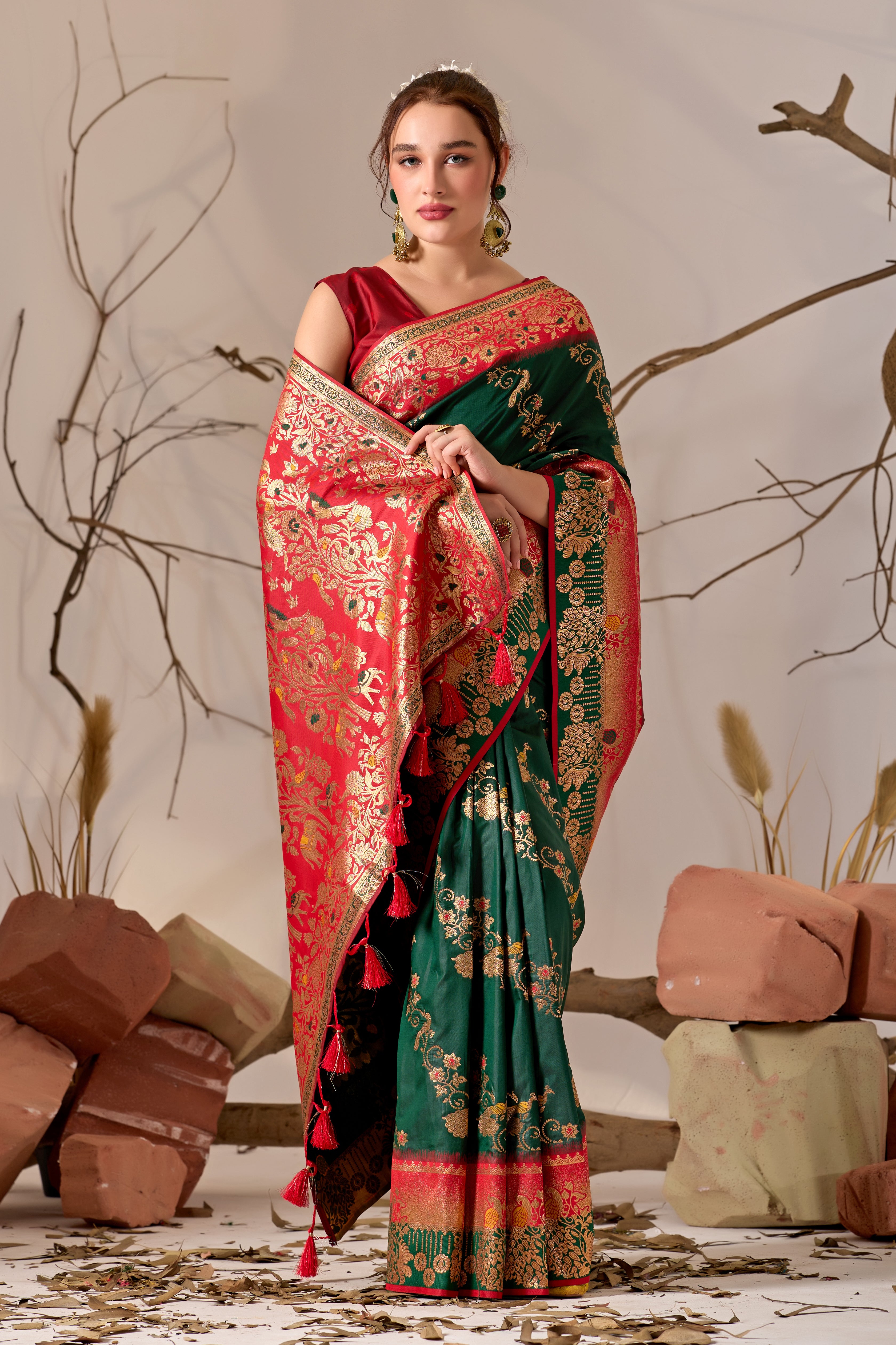 Banarasi Silk Saree with Peacock & Parrot Motifs in Bottle Green